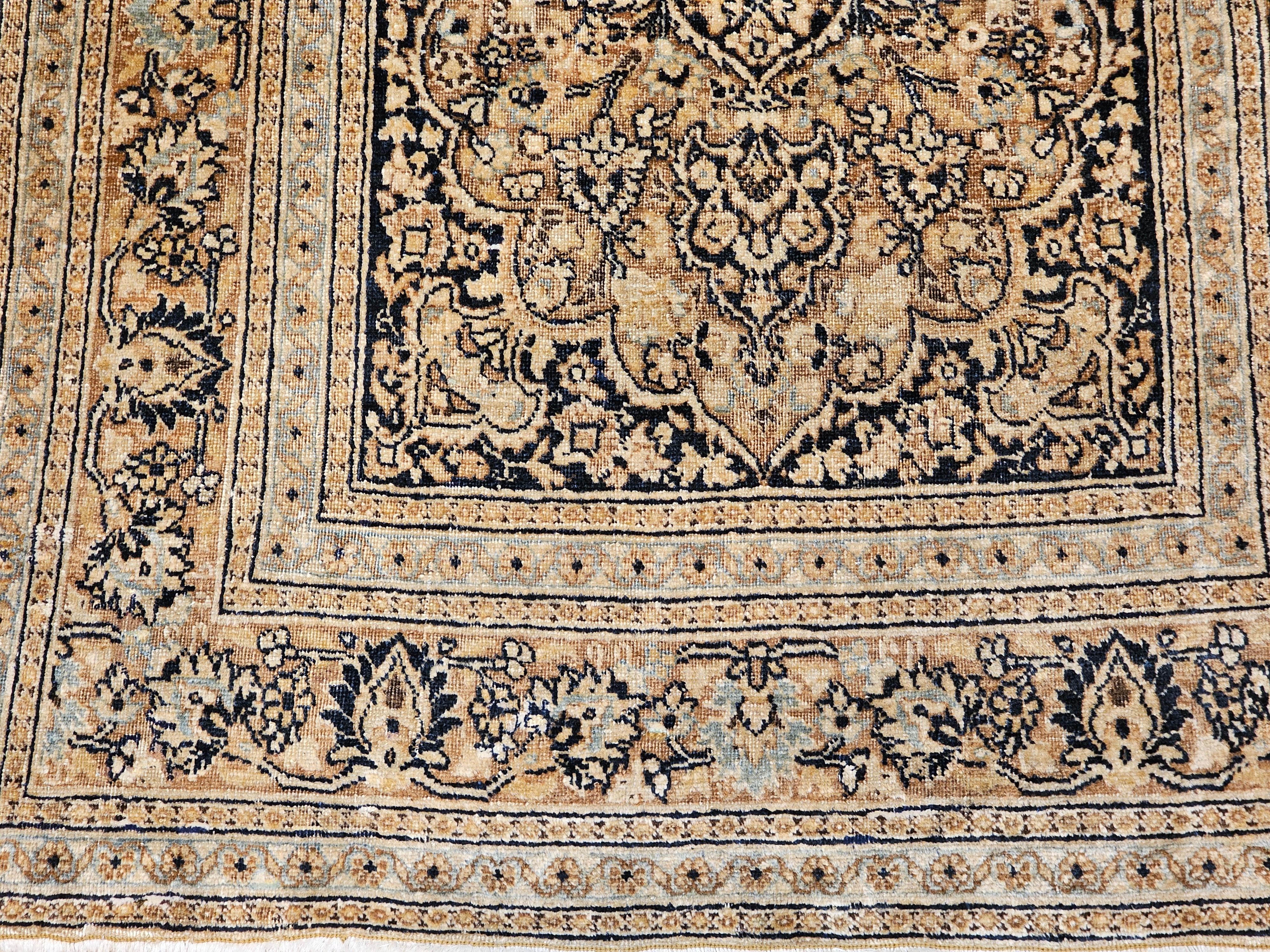 Vintage Persian Tabriz in Allover Floral Pattern in Dark Navy/Black, Gold, Blue In Good Condition In Barrington, IL