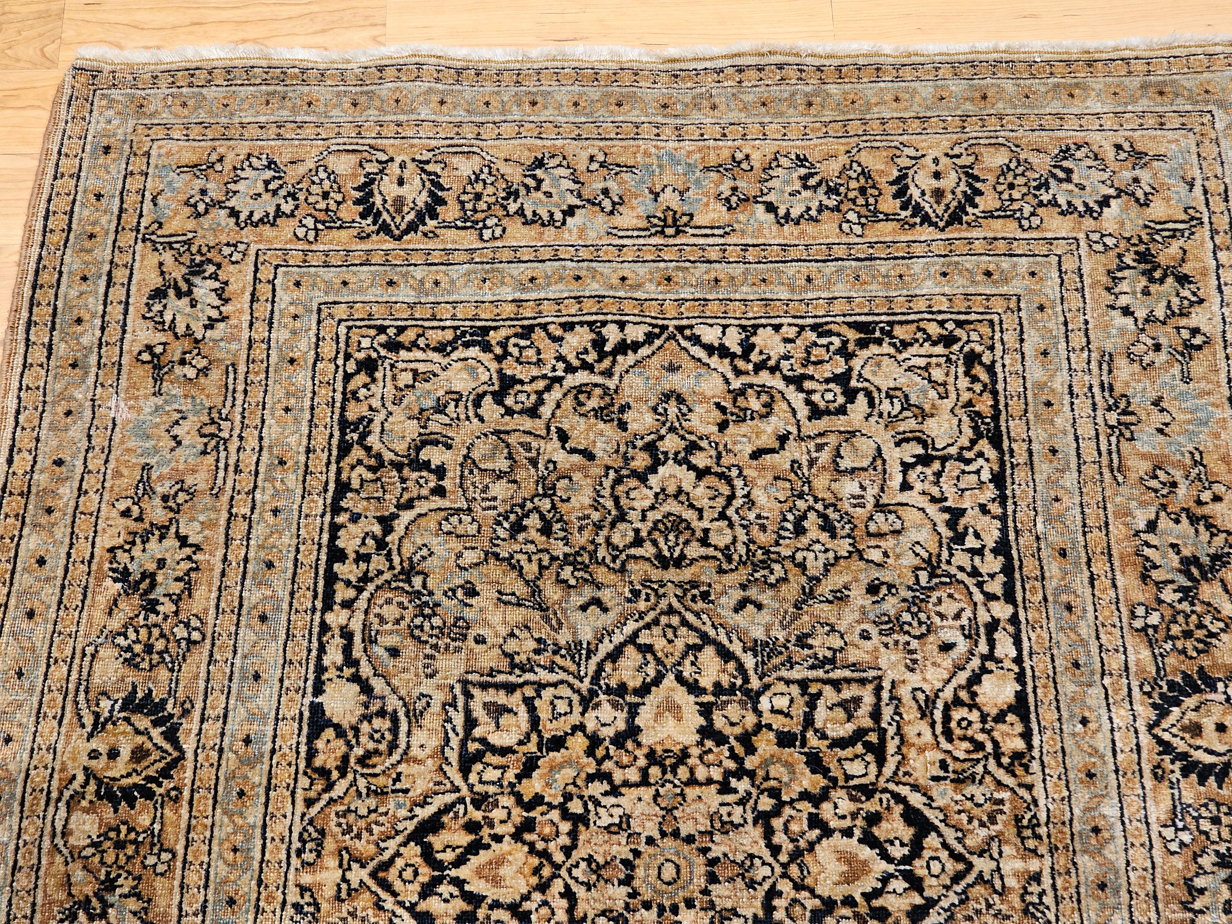 Wool Vintage Persian Tabriz in Allover Floral Pattern in Dark Navy/Black, Gold, Blue