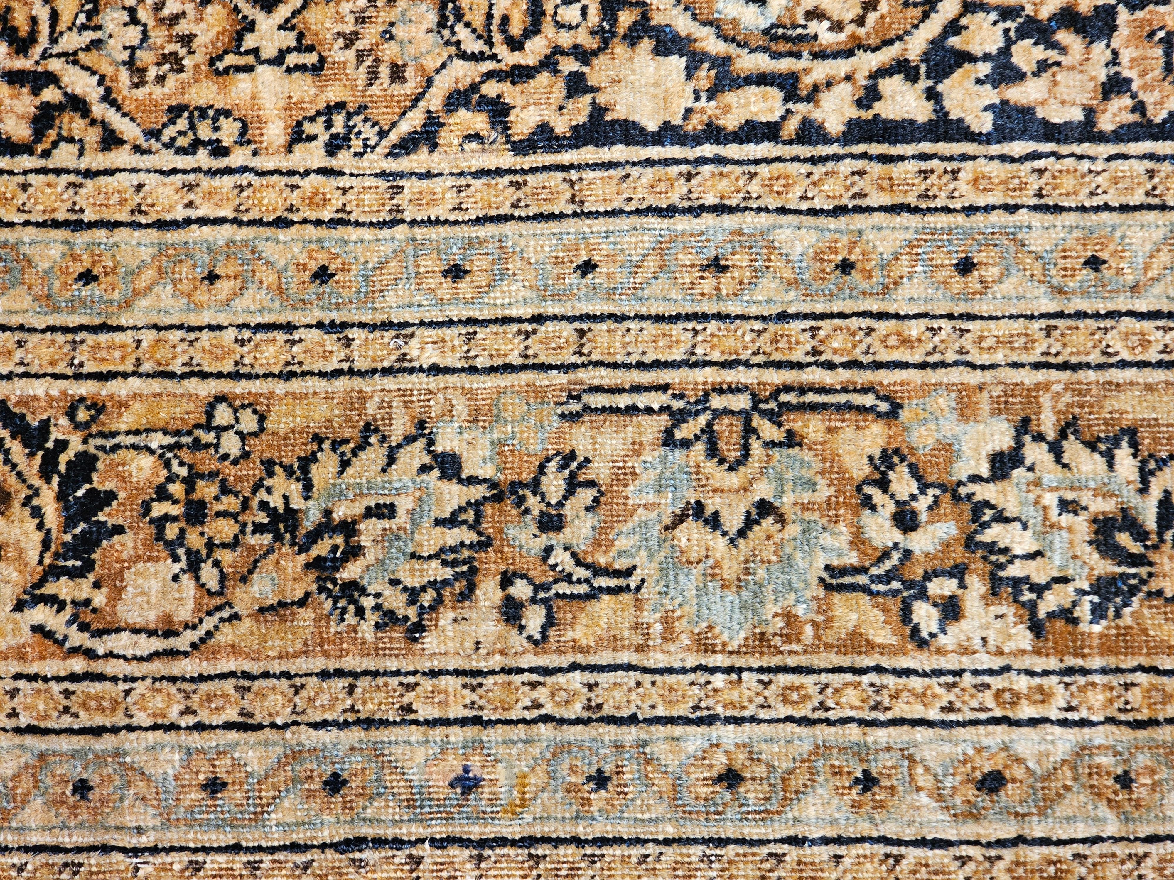Vintage Persian Tabriz in Allover Floral Pattern in Dark Navy/Black, Gold, Blue 2
