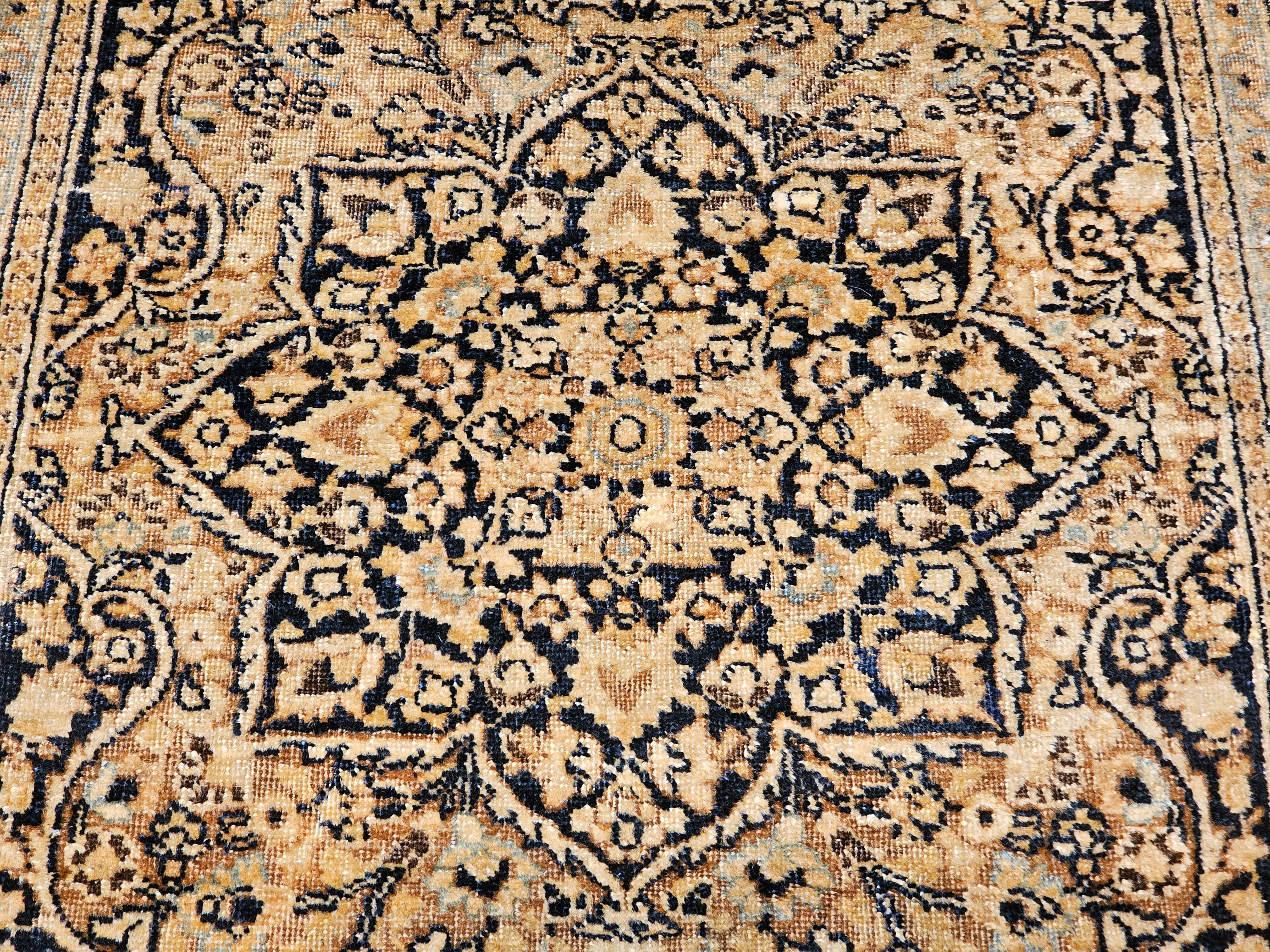 Vintage Persian Tabriz in Allover Floral Pattern in Dark Navy/Black, Gold, Blue 3