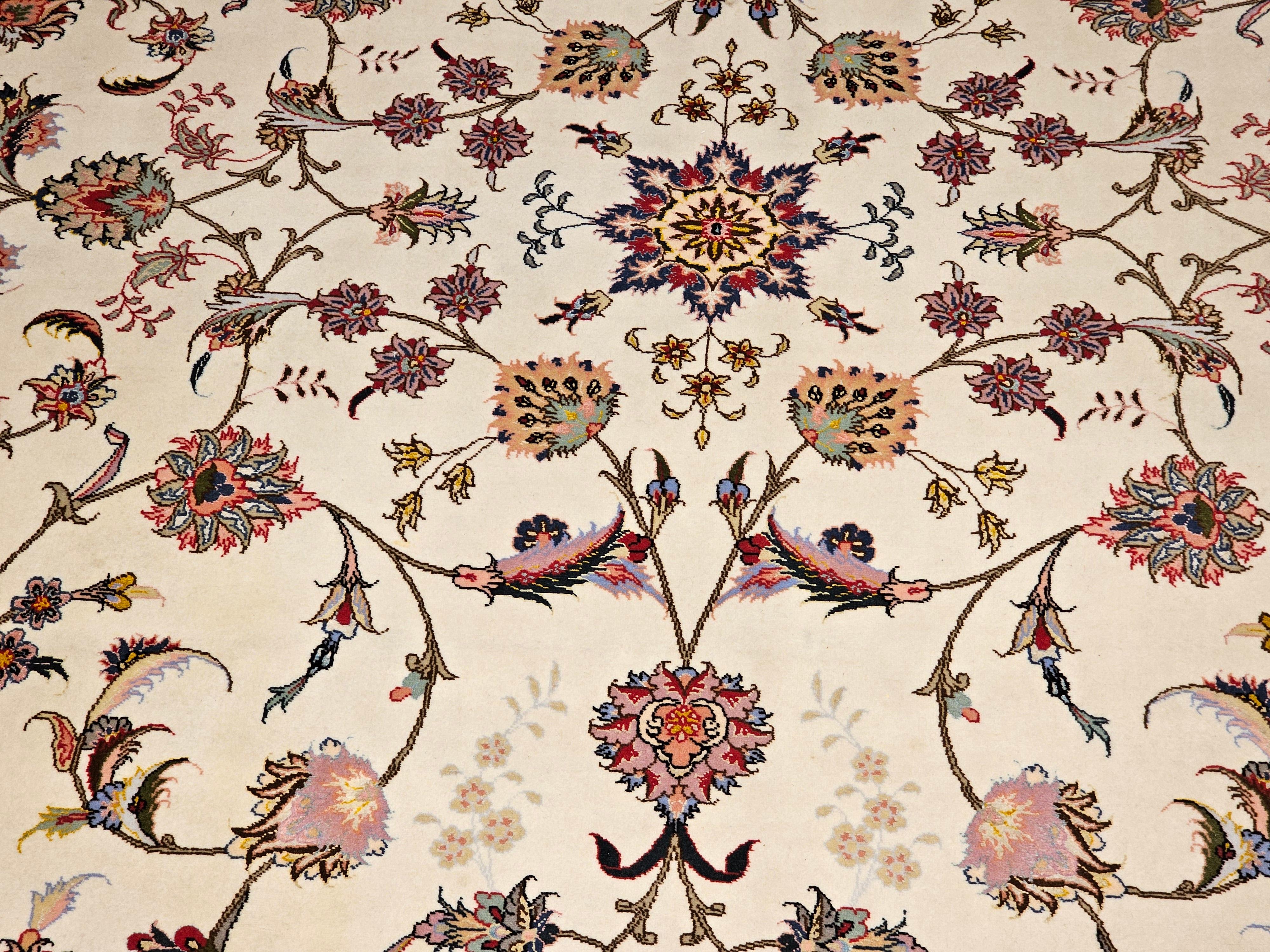 Vintage Persian Tabriz in Allover Floral Pattern in Ivory, Pink, Red, Blue For Sale 5