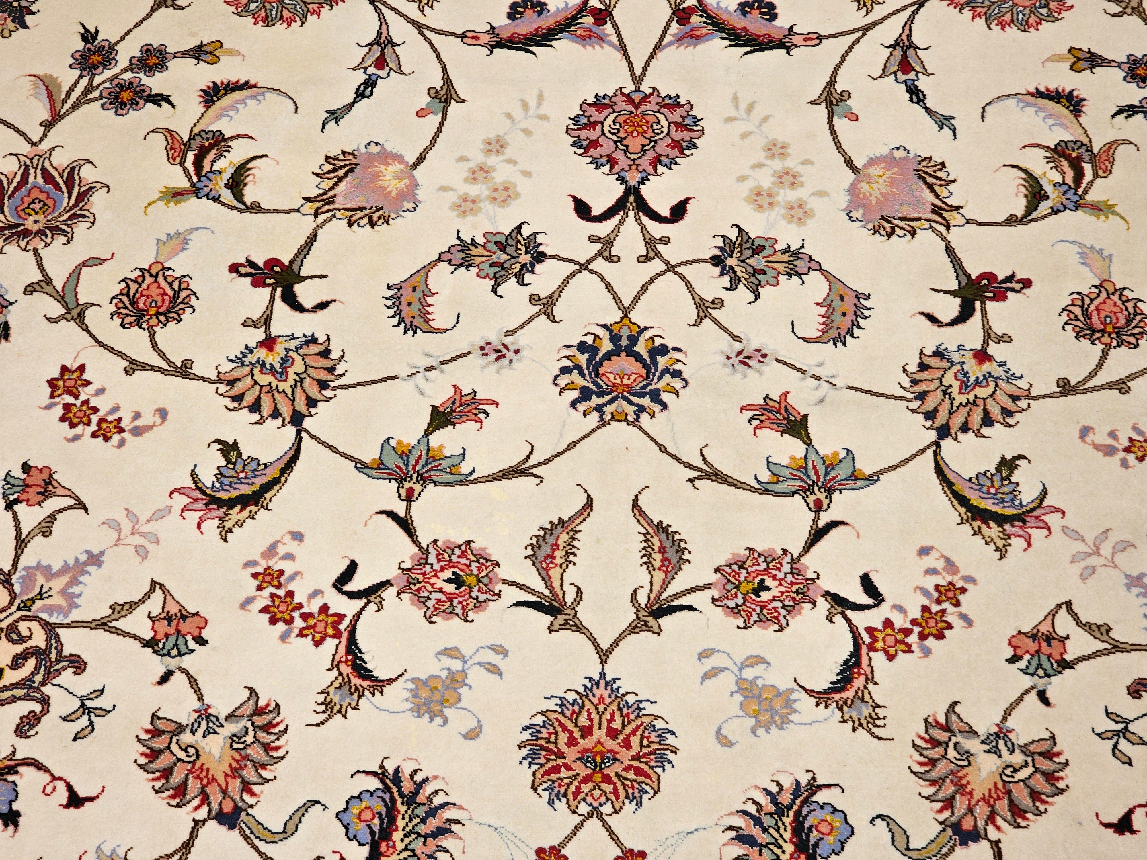 Vintage Persian Tabriz in Allover Floral Pattern in Ivory, Pink, Red, Blue For Sale 6