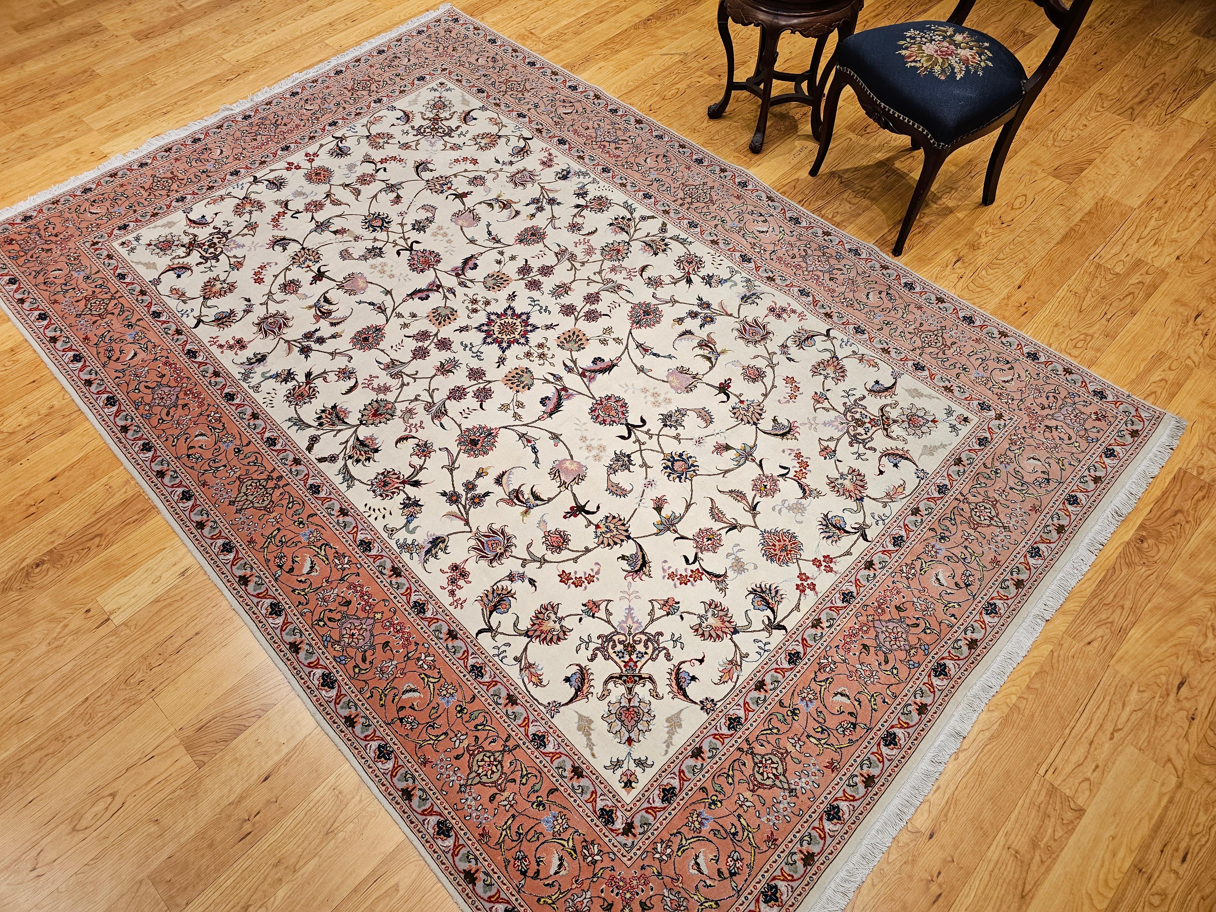 Vintage Persian Tabriz in Allover Floral Pattern in Ivory, Pink, Red, Blue For Sale 8