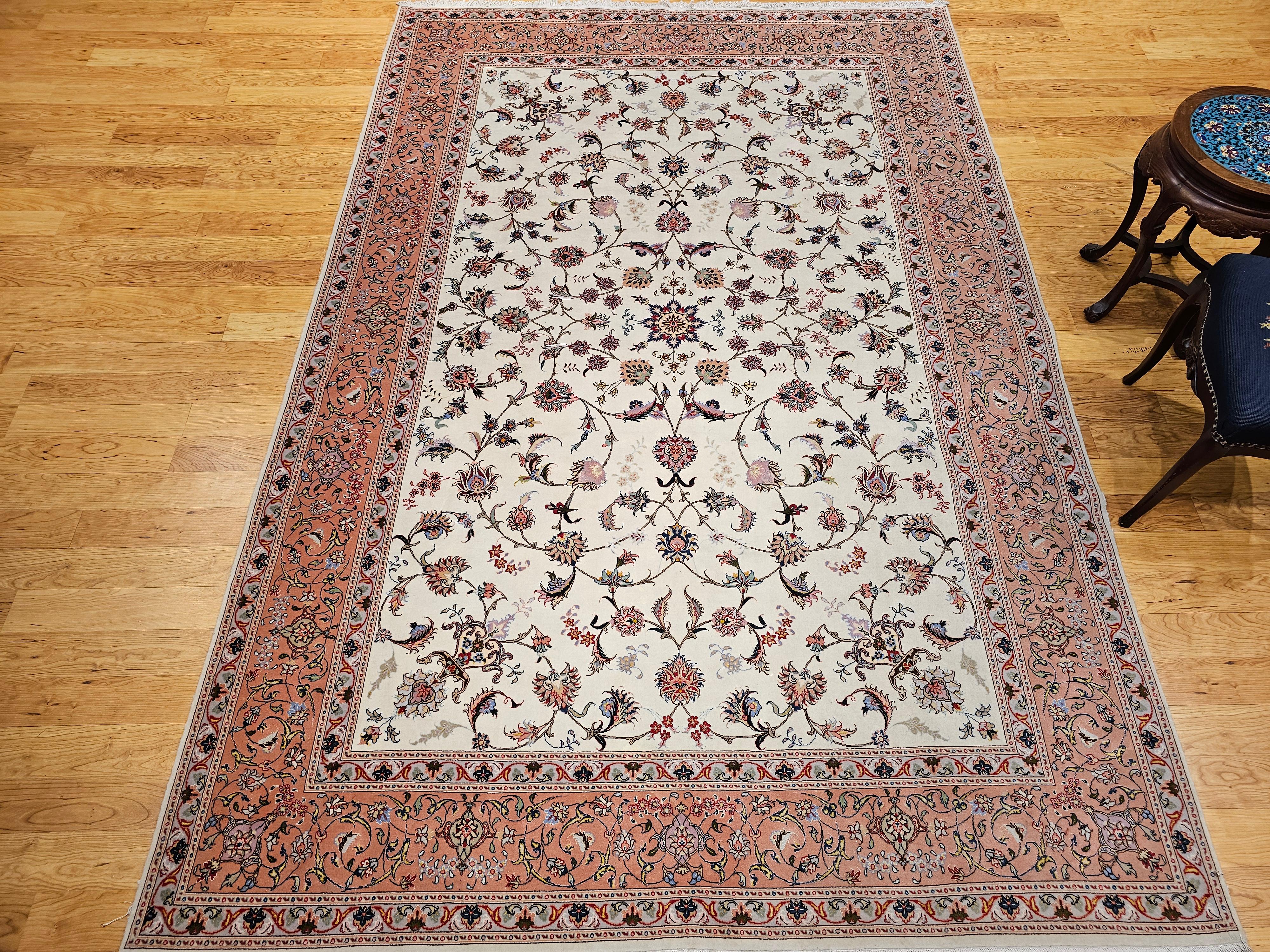 Vintage Persian Tabriz in Allover Floral Pattern in Ivory, Pink, Red, Blue For Sale 9