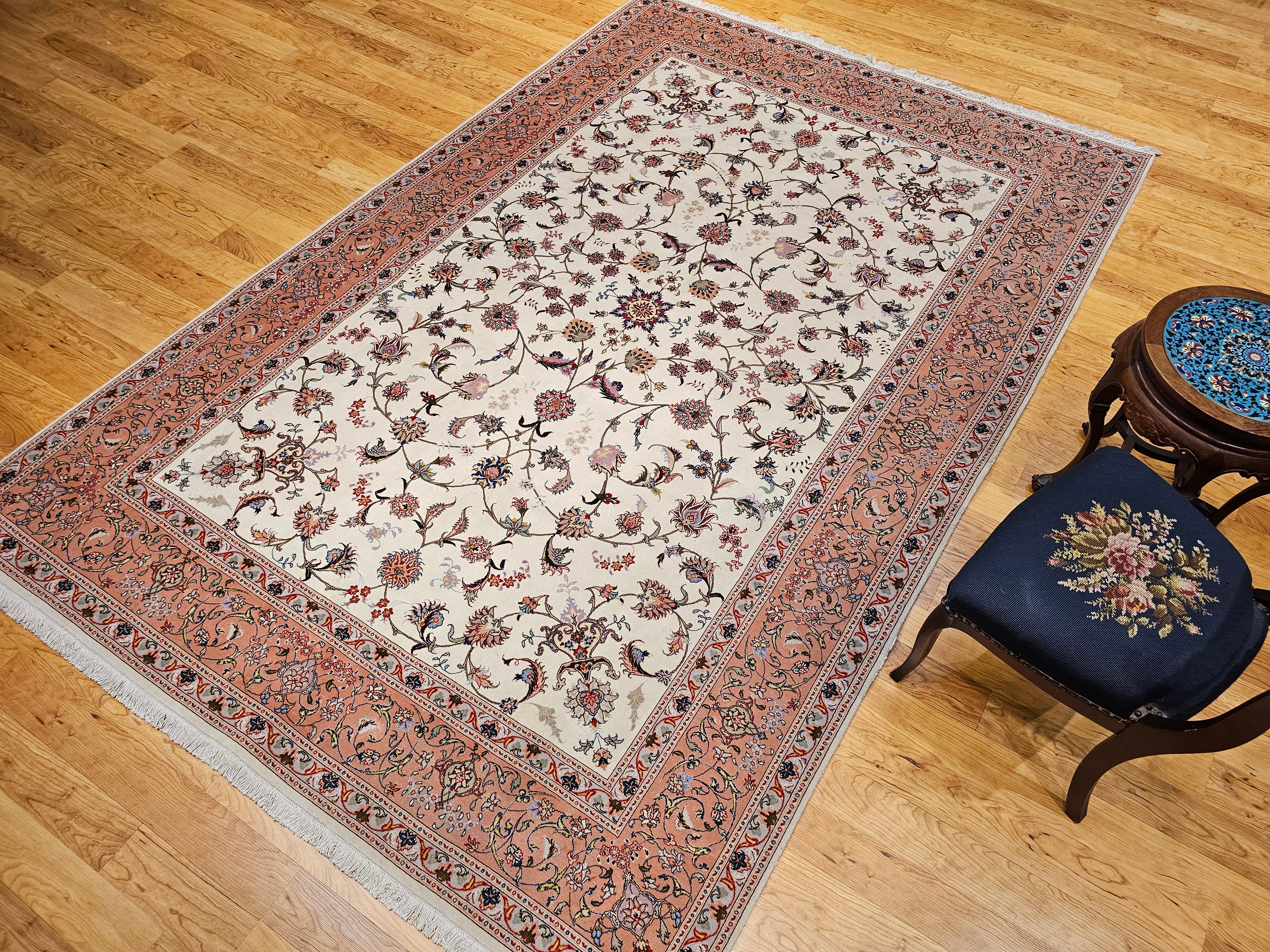Vintage Persian Tabriz in Allover Floral Pattern in Ivory, Pink, Red, Blue For Sale 10