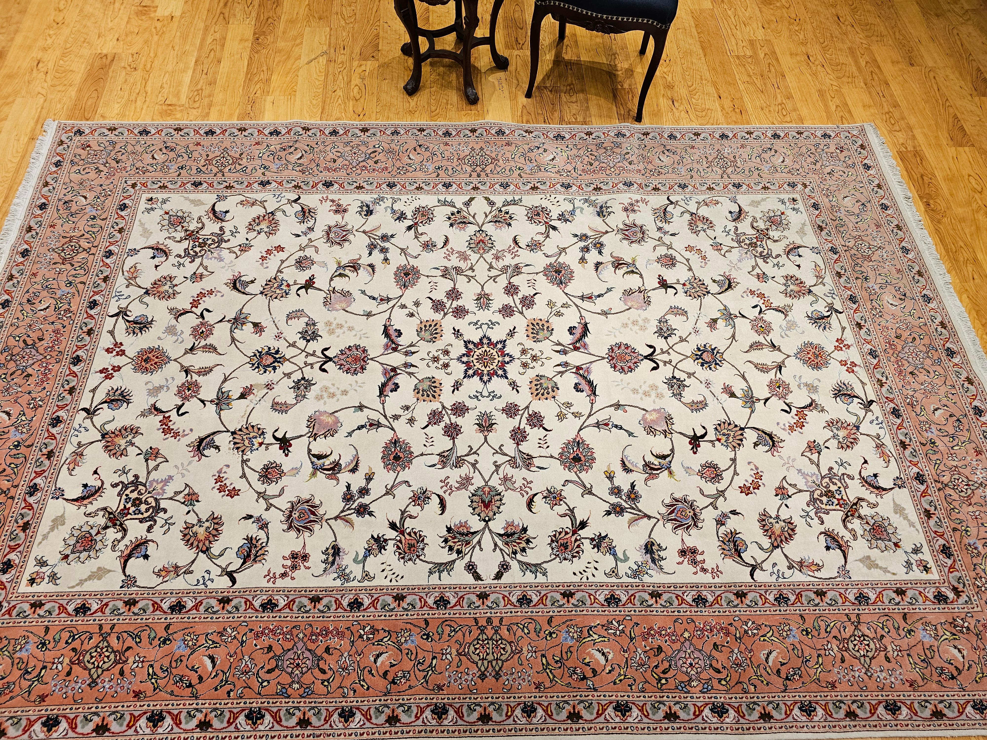 Vintage Persian Tabriz in Allover Floral Pattern in Ivory, Pink, Red, Blue For Sale 13