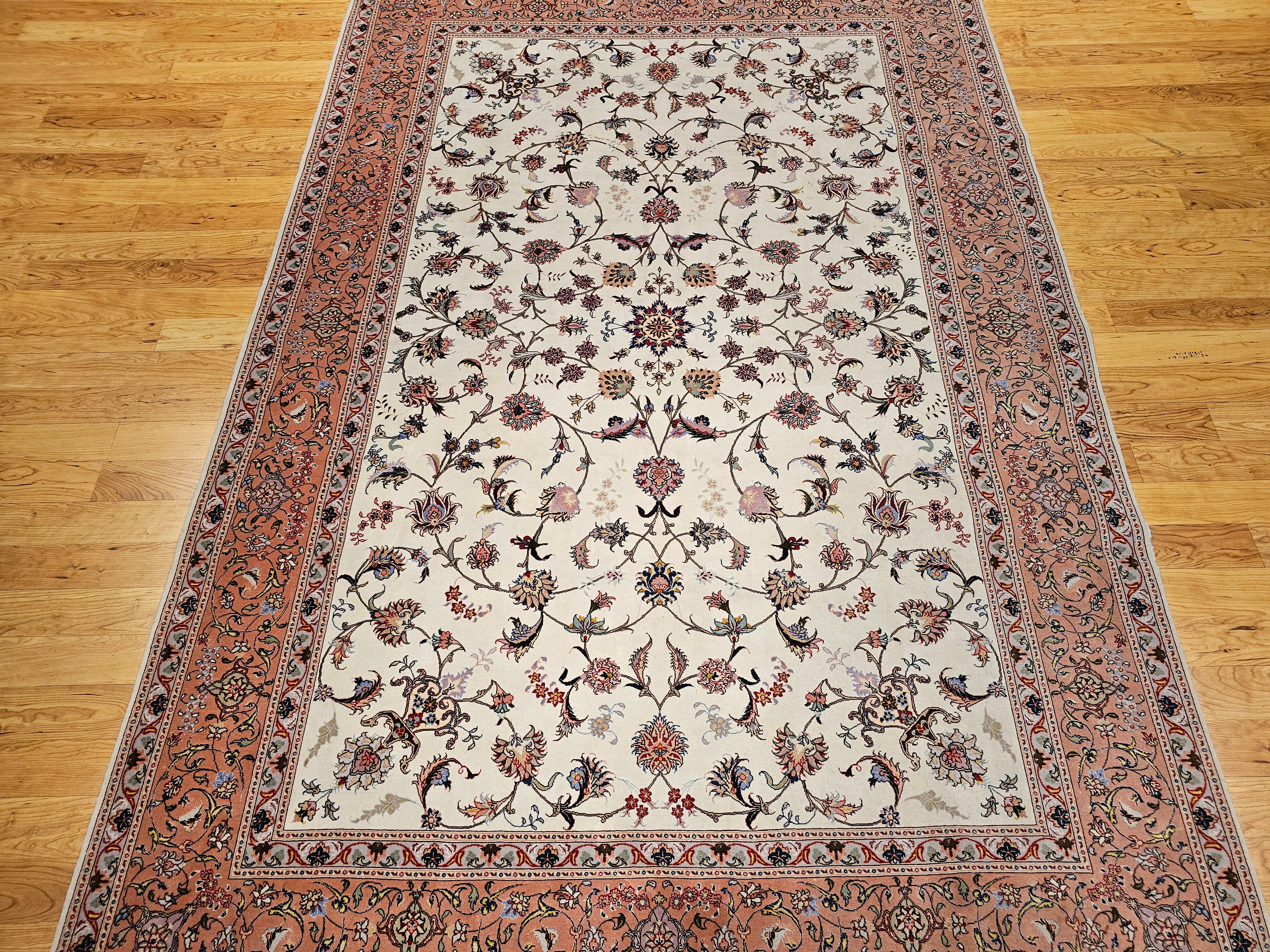 Hand-Knotted Vintage Persian Tabriz in Allover Floral Pattern in Ivory, Pink, Red, Blue For Sale