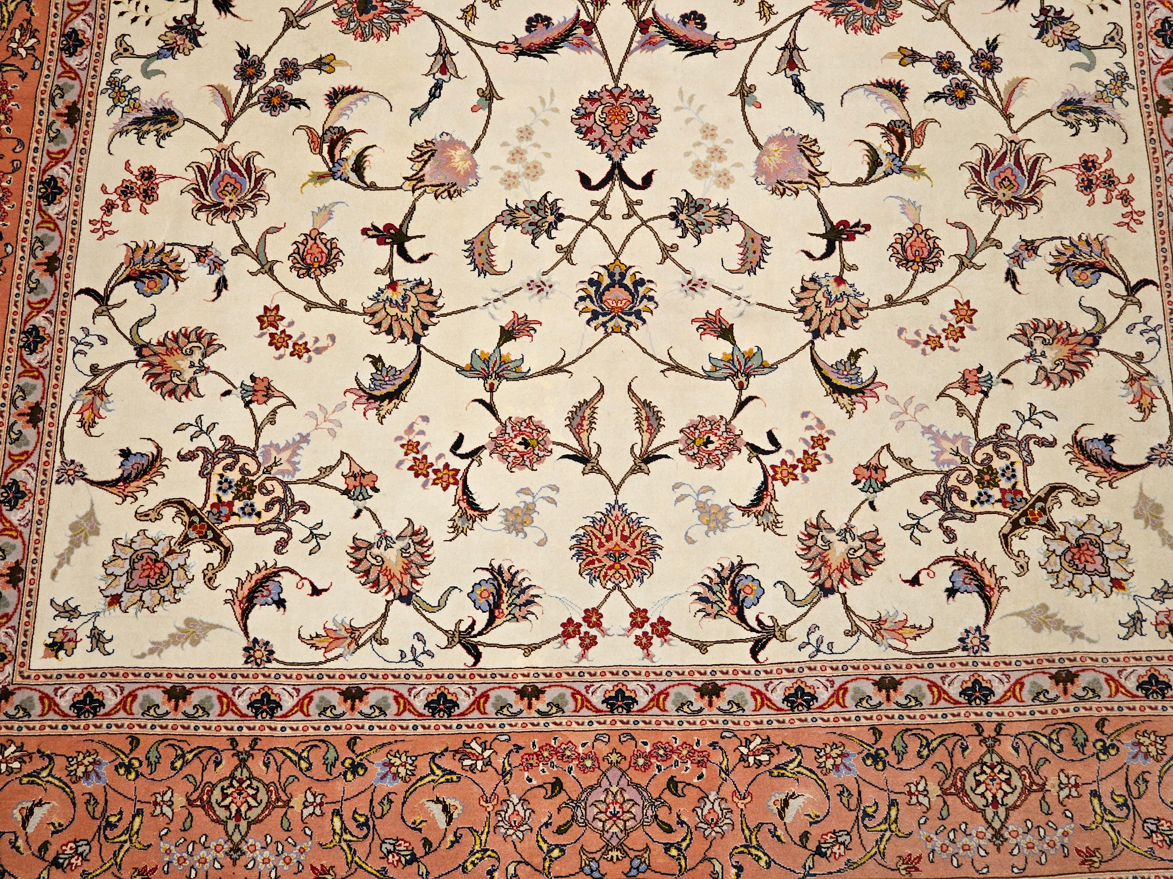 Vintage Persian Tabriz in Allover Floral Pattern in Ivory, Pink, Red, Blue In Good Condition For Sale In Barrington, IL