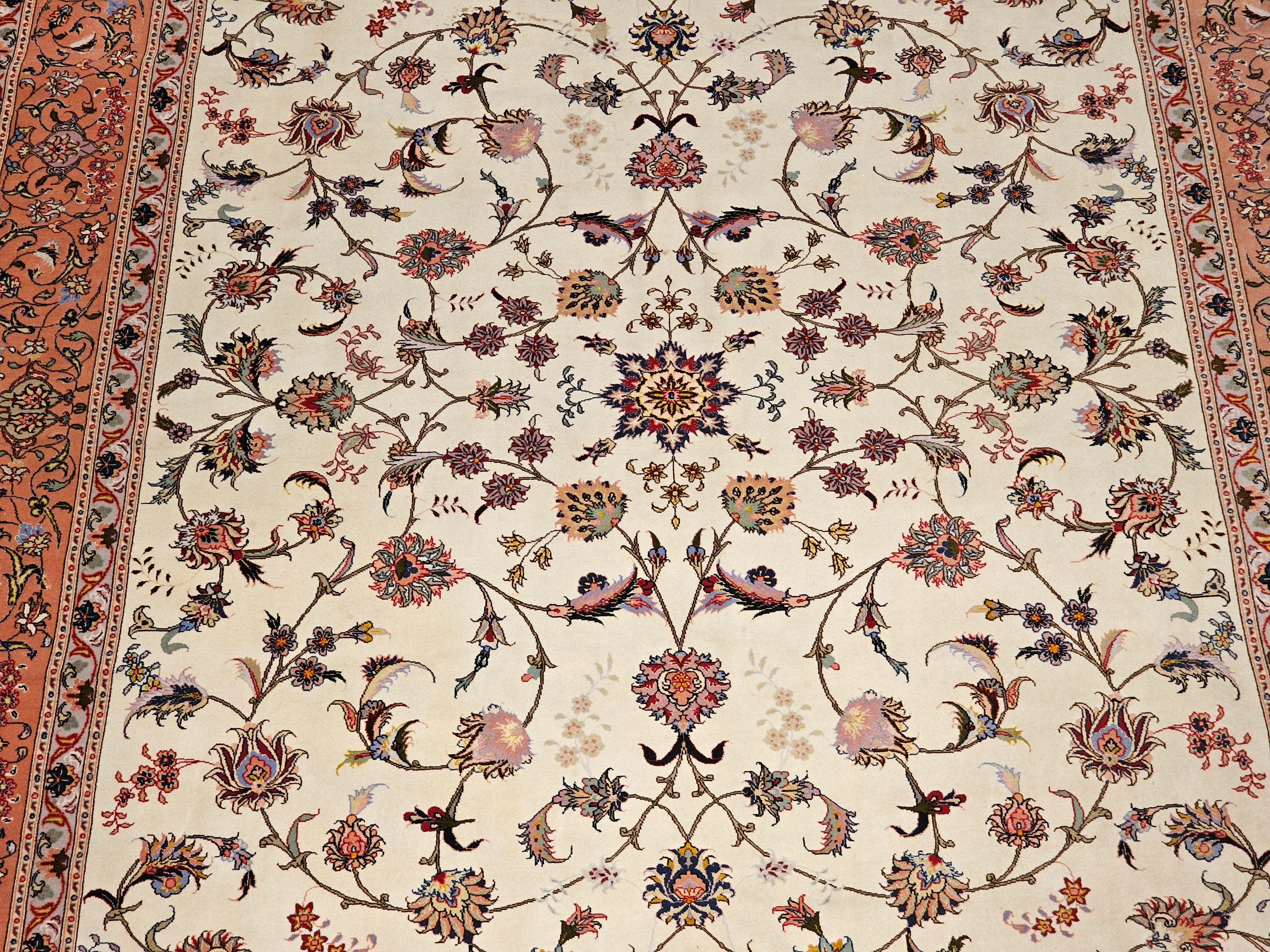 20th Century Vintage Persian Tabriz in Allover Floral Pattern in Ivory, Pink, Red, Blue For Sale