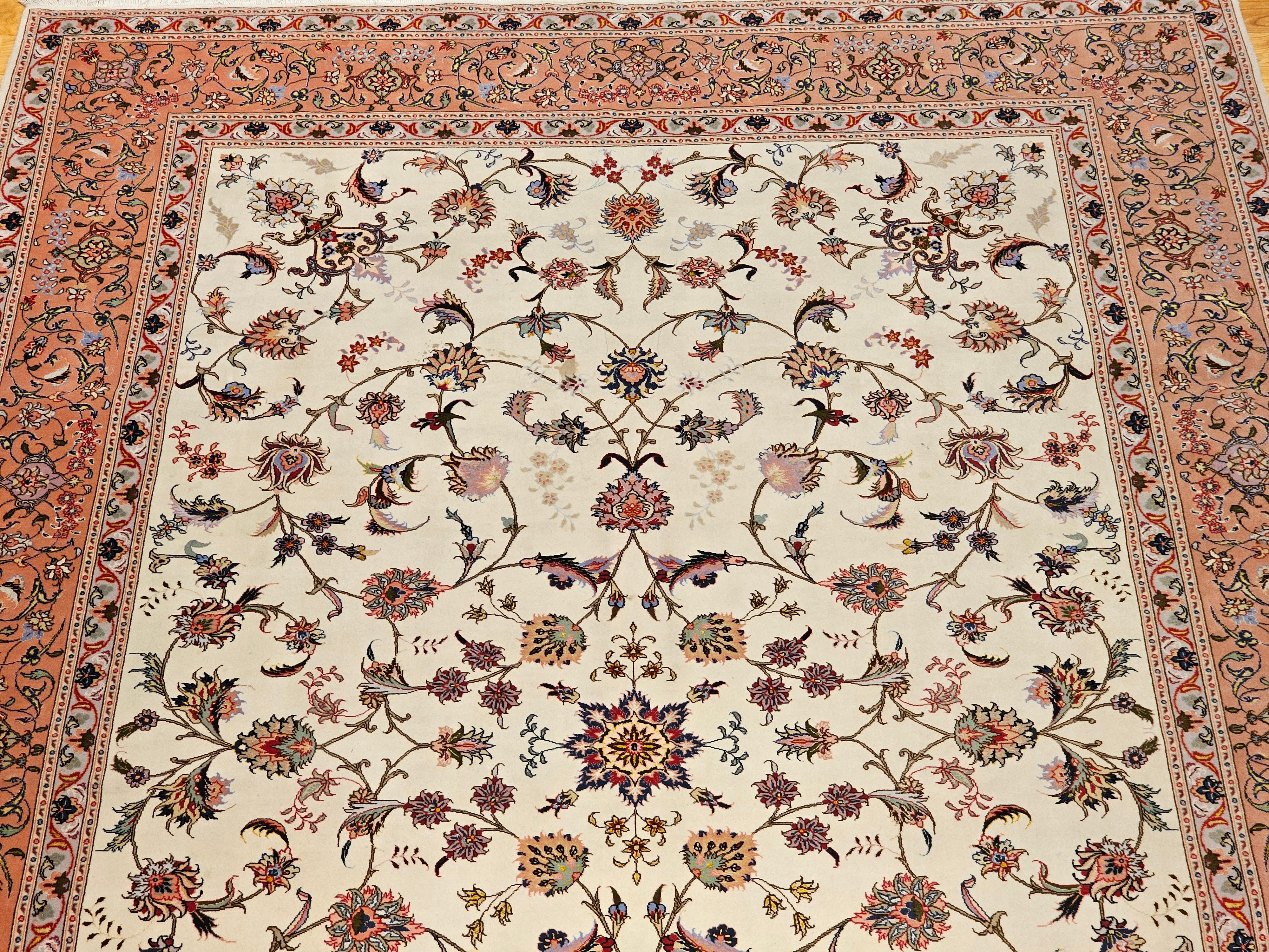 Wool Vintage Persian Tabriz in Allover Floral Pattern in Ivory, Pink, Red, Blue For Sale