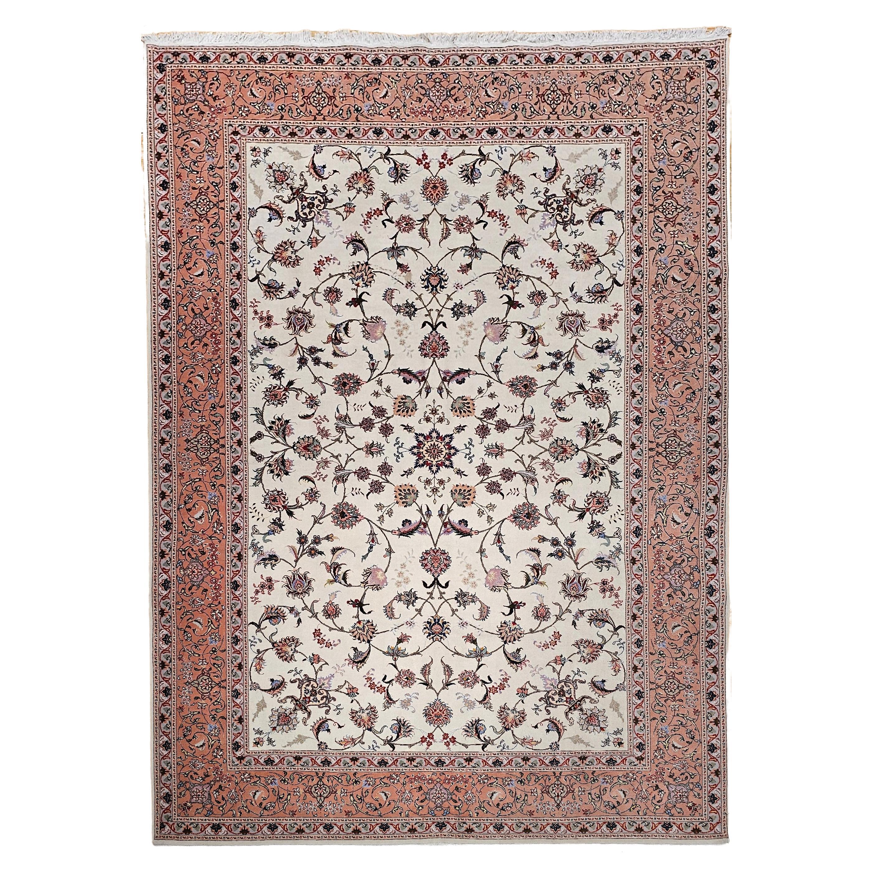 Vintage Persian Tabriz in Allover Floral Pattern in Ivory, Pink, Red, Blue
