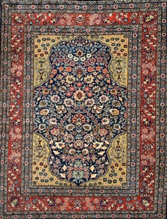 Vintage Persian Tabriz Rug with Allover Floral Pattern in Navy, Yellow, Red, Gre
