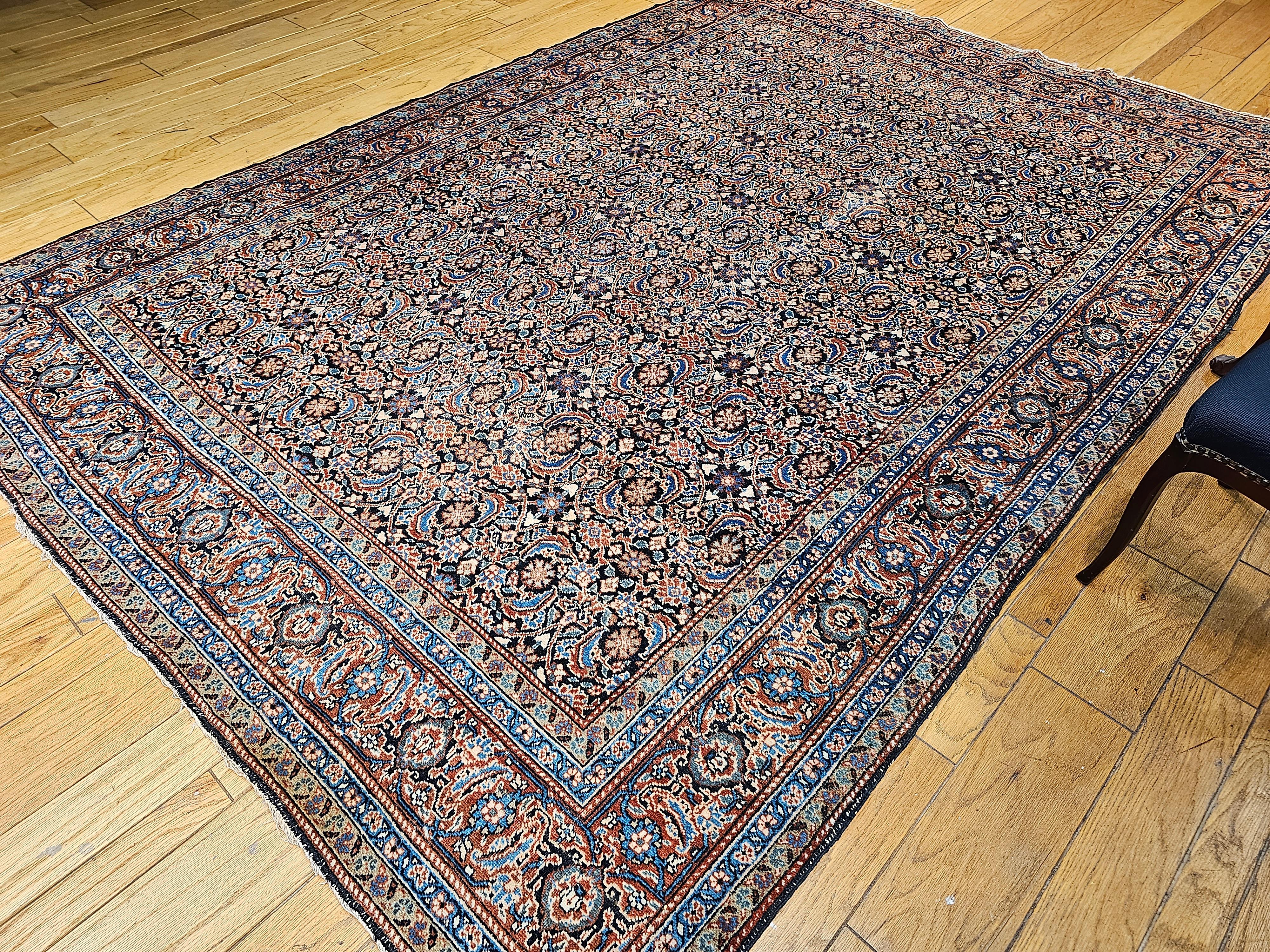 Vintage Persian Tabriz in Allover Pattern in Ivory, Green, Navy, Rust, Blue For Sale 6