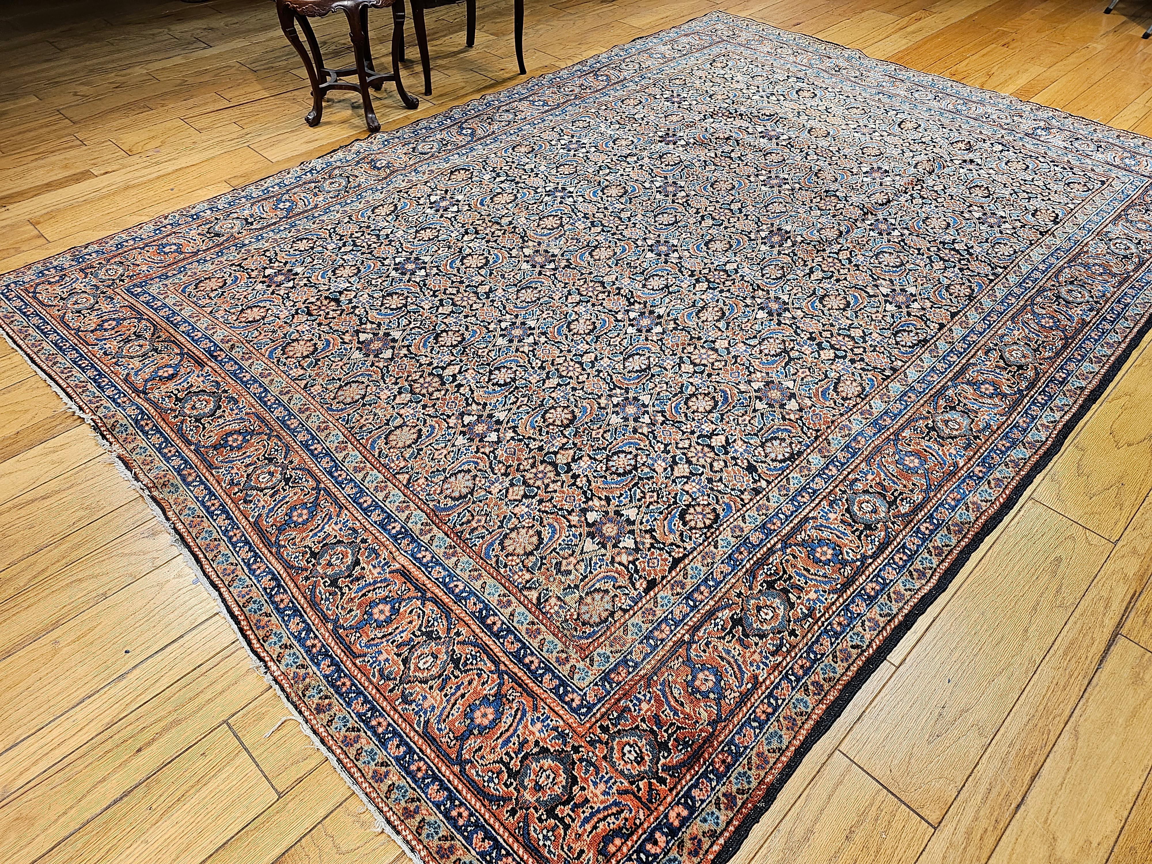 Vintage Persian Tabriz in Allover Pattern in Ivory, Green, Navy, Rust, Blue For Sale 9
