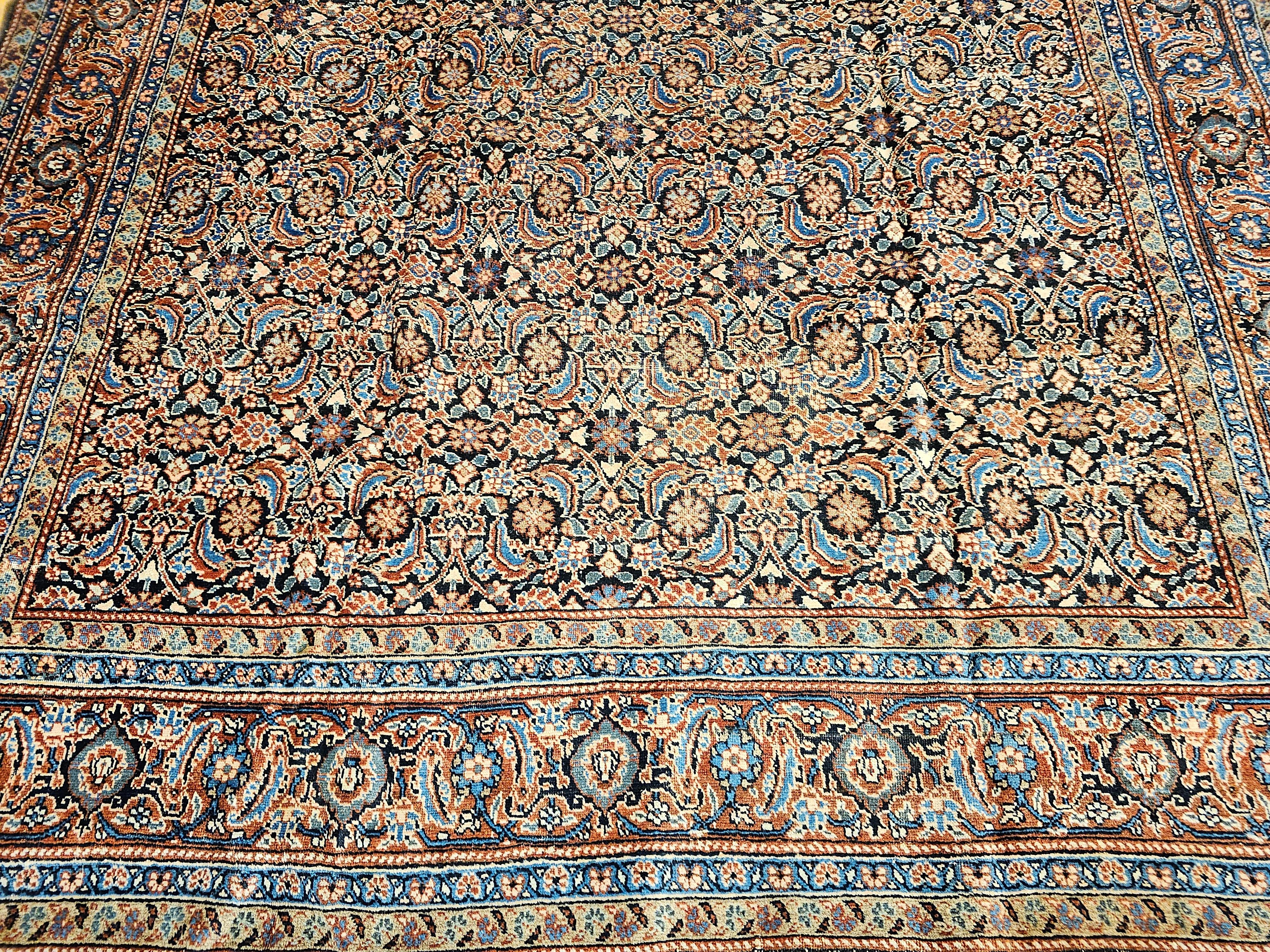Hand-Knotted Vintage Persian Tabriz in Allover Pattern in Ivory, Green, Navy, Rust, Blue For Sale