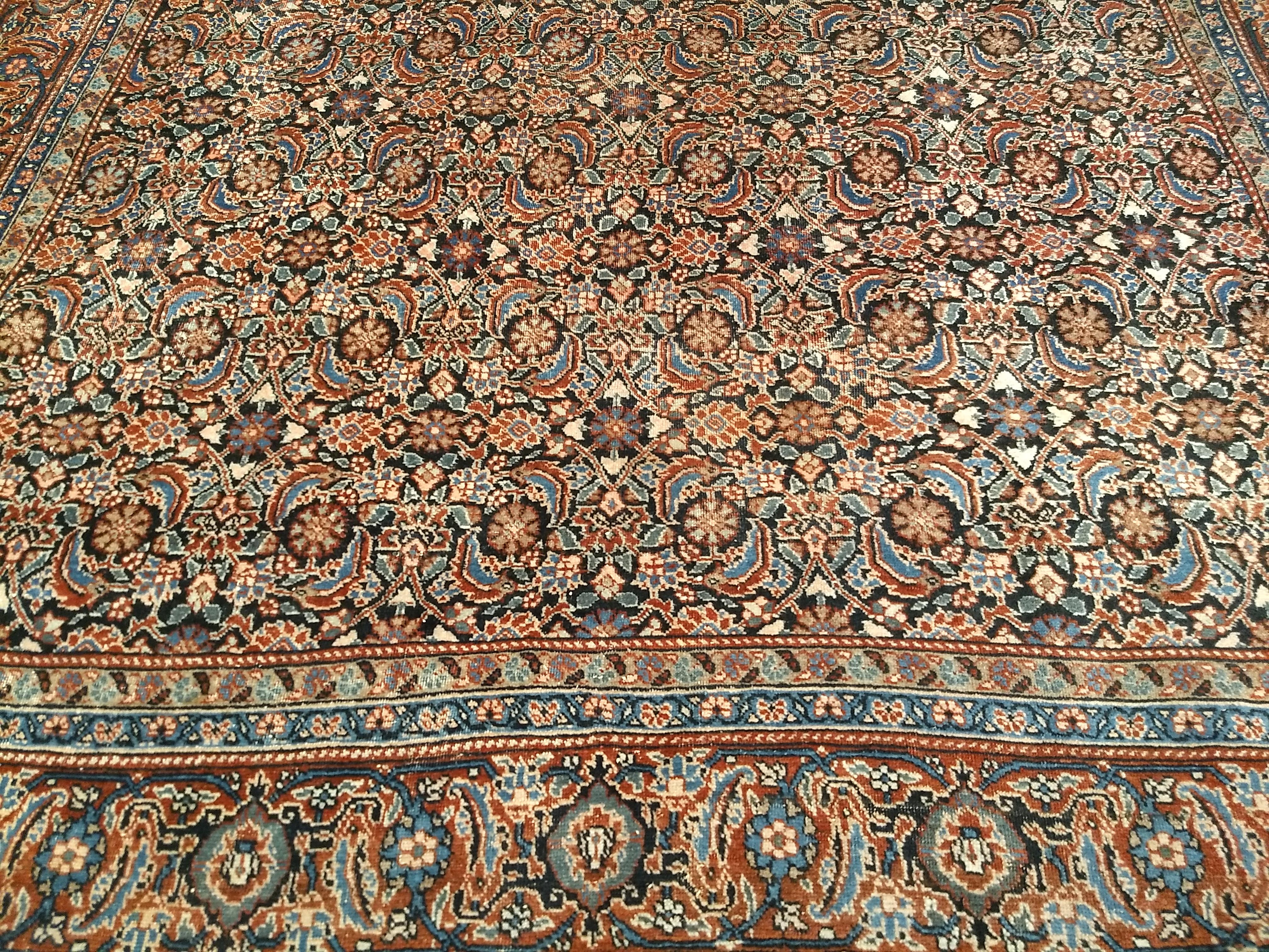 Wool Vintage Persian Tabriz in Allover Pattern in Ivory, Green, Navy, Rust, Blue For Sale
