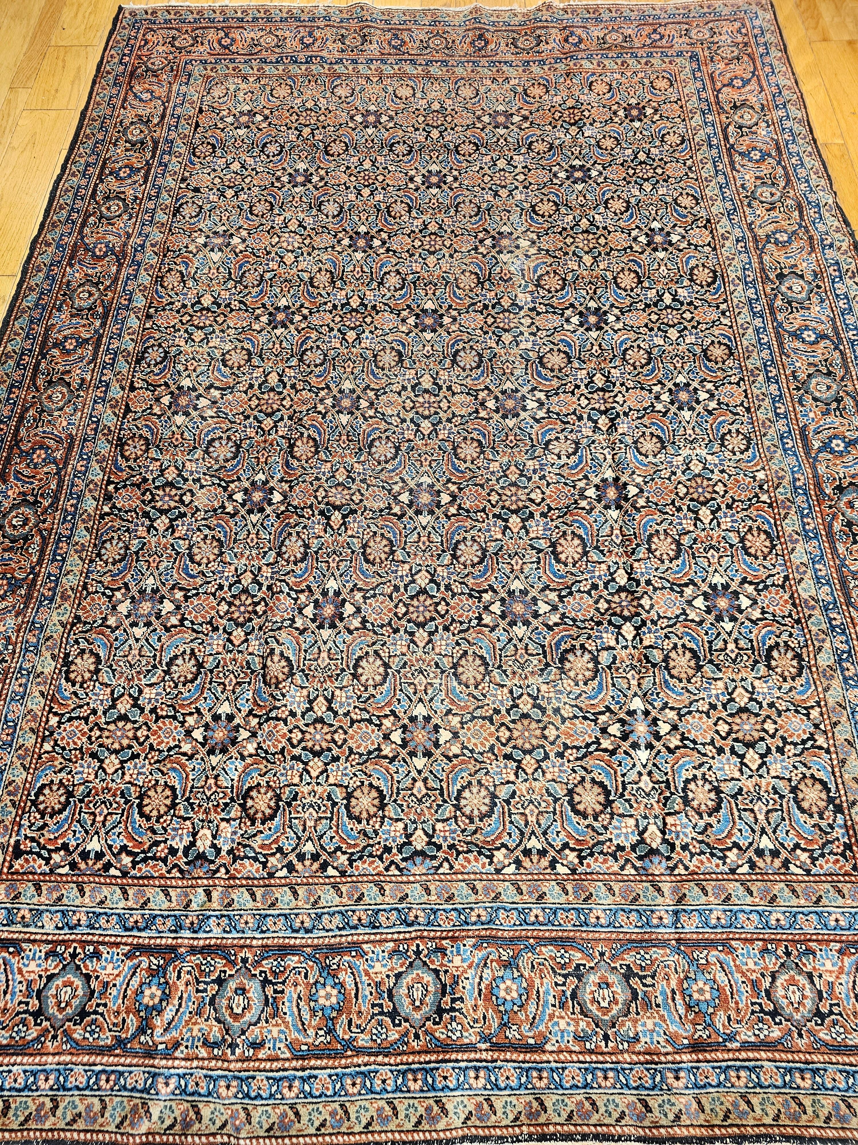 Vintage Persian Tabriz in Allover Pattern in Ivory, Green, Navy, Rust, Blue For Sale 4