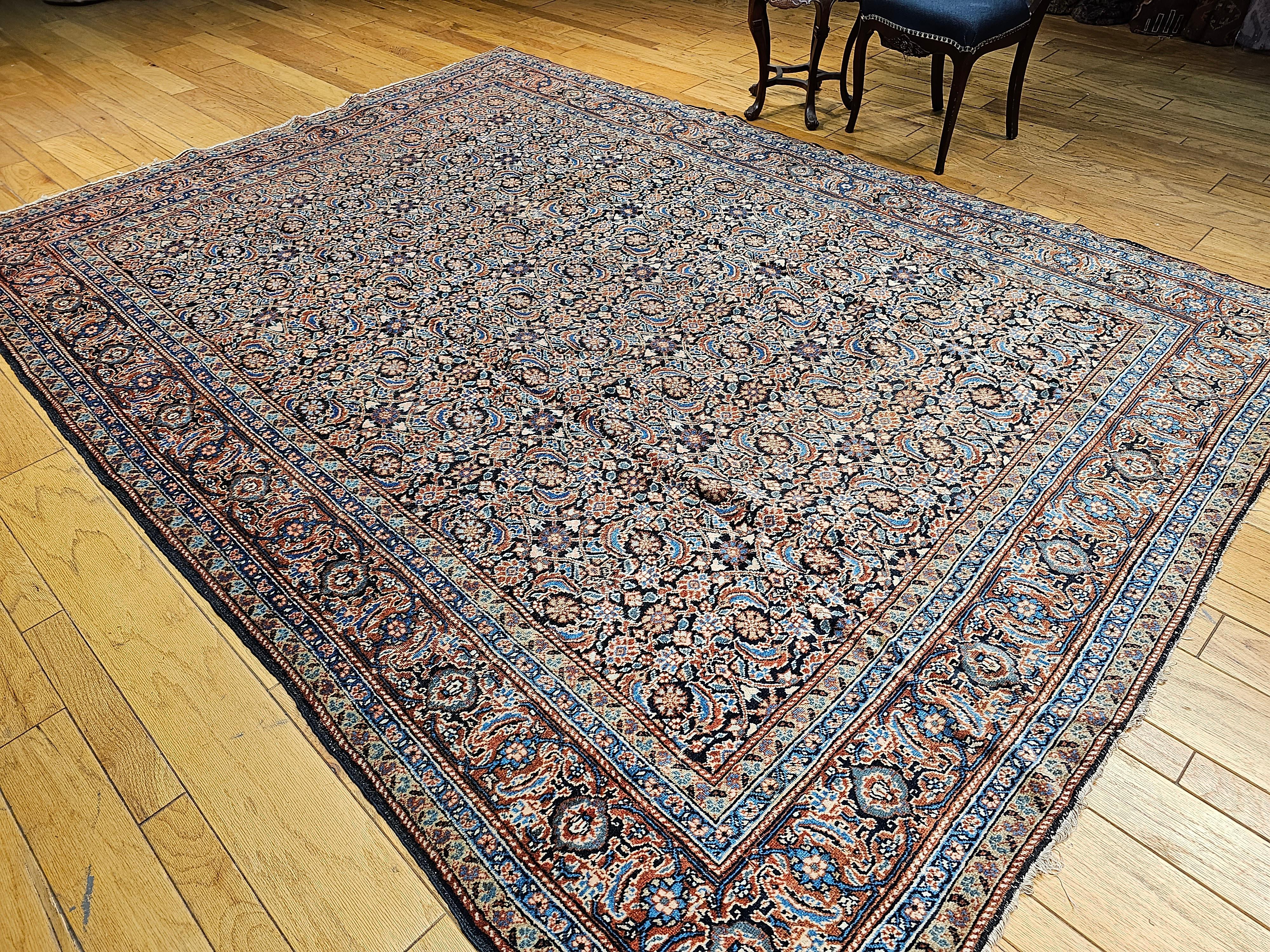 Vintage Persian Tabriz in Allover Pattern in Ivory, Green, Navy, Rust, Blue For Sale 5