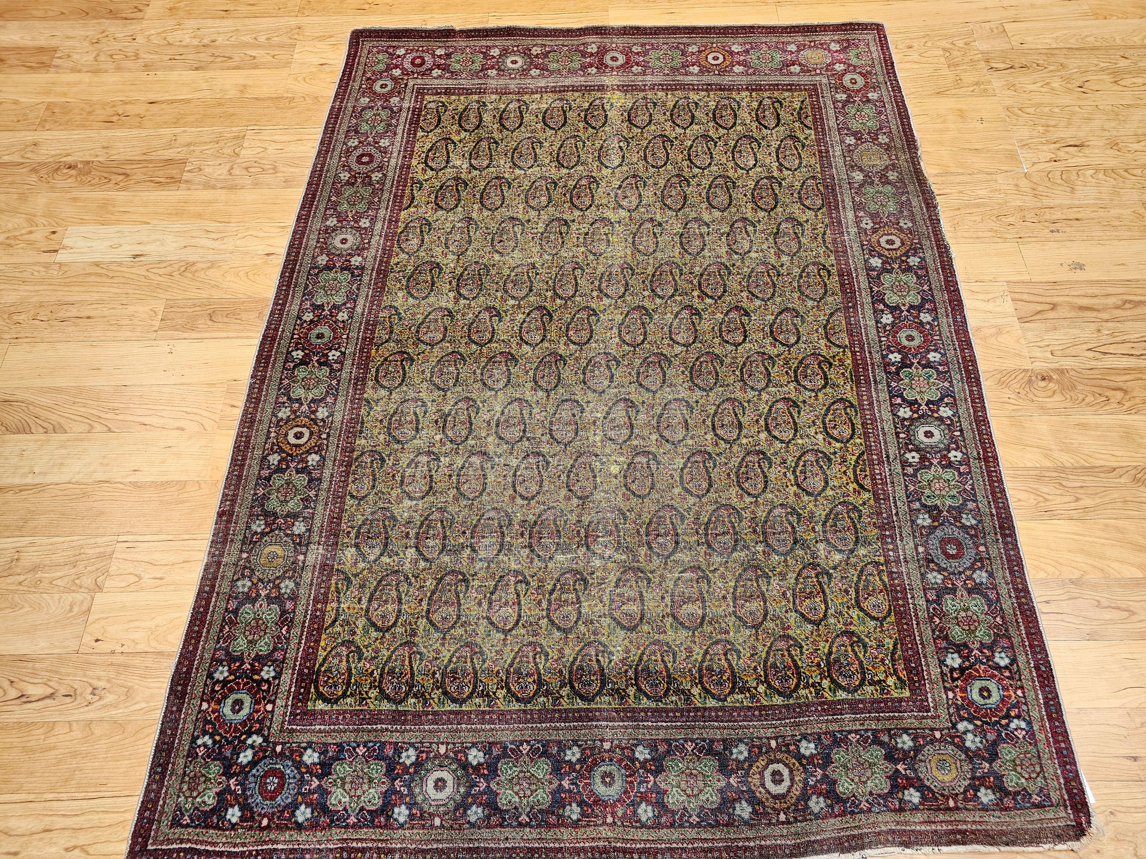 Une beauté gracieuse et discrète caractérise ce tapis persan Tabriz vintage finement tissé, un exemple exceptionnel de l'artisanat du début du 20e siècle. Sur un fond jaune-vert pâle (chartreuse), rare et très convoité, le tapis est orné d'un motif