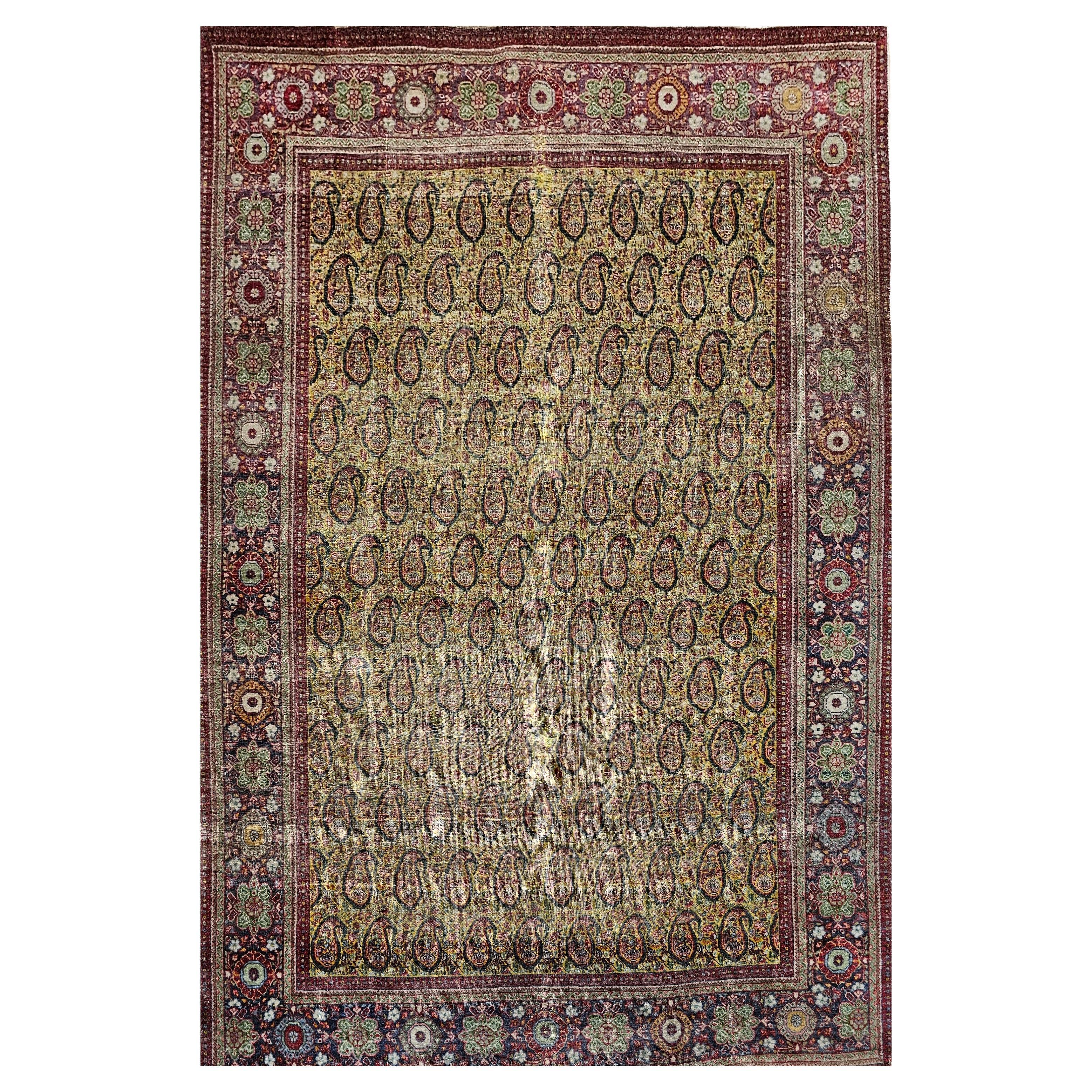 Vintage Persian Tabriz in Allover Paisley Pattern in Pale Green, Yellow, Gray