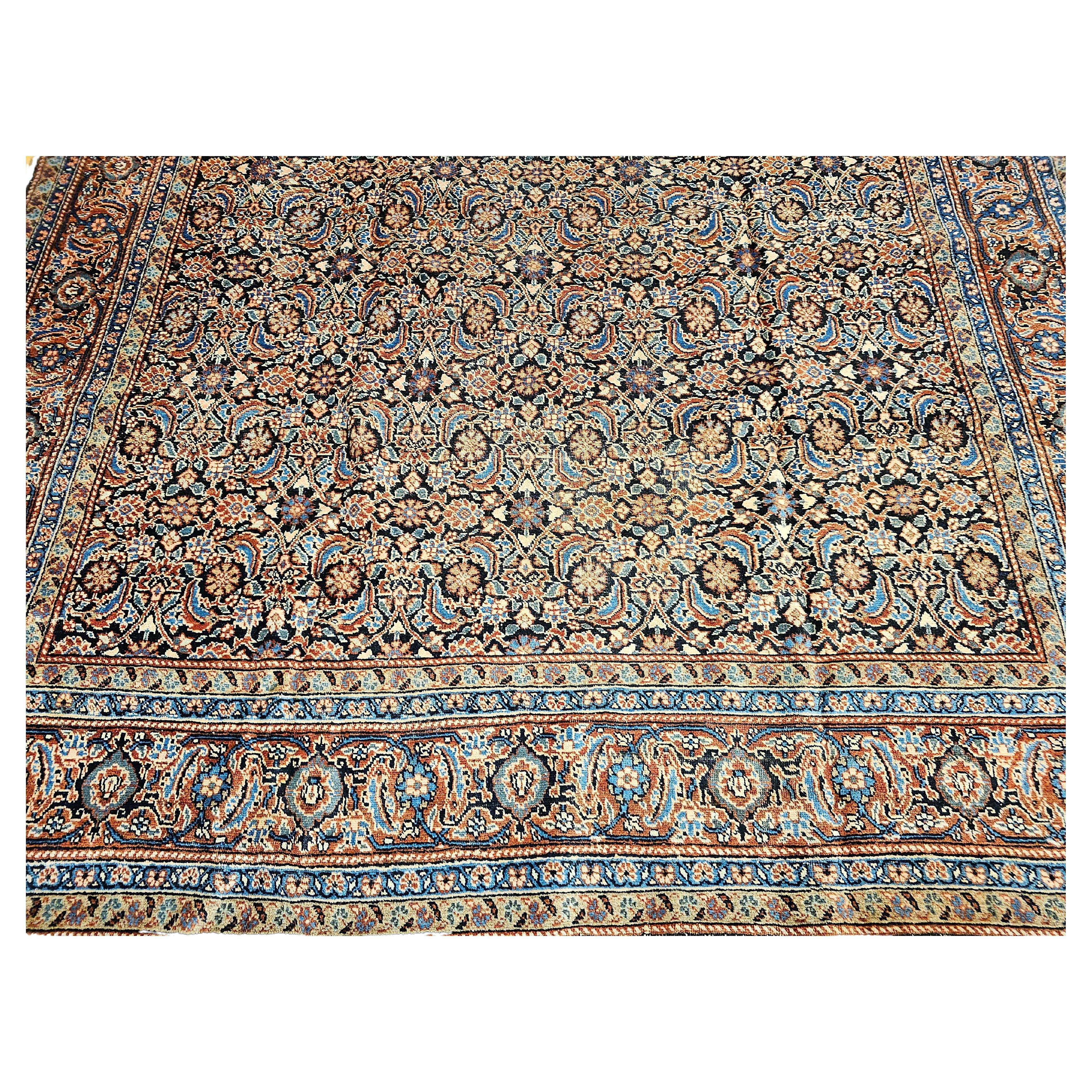 Vintage Persian Tabriz in Allover Pattern in Ivory, Green, Navy, Rust, Blue For Sale