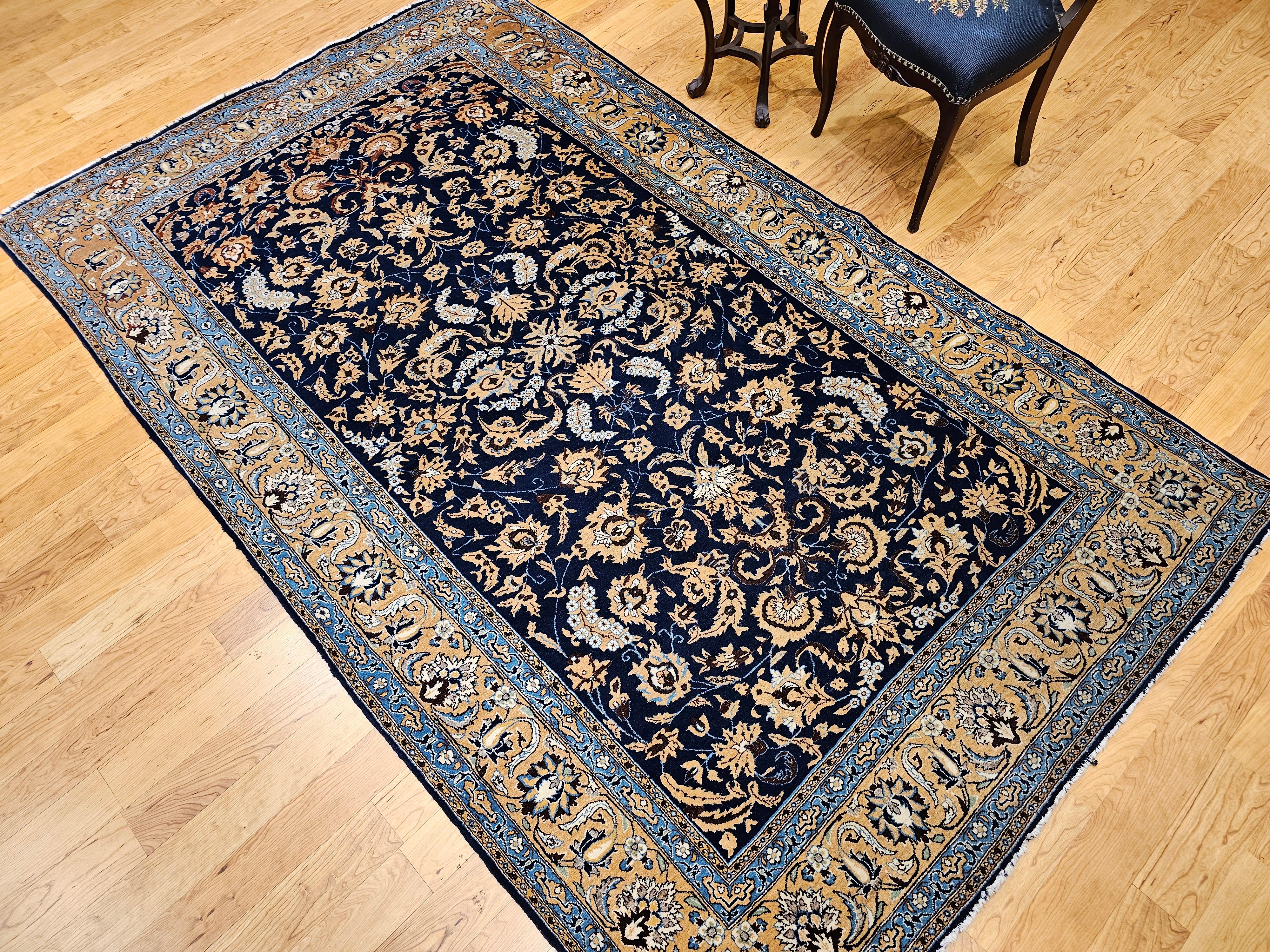 Vintage Persian Tabriz in an Allover Pattern in Navy Blue, Tan, Brown, Baby Blue For Sale 5