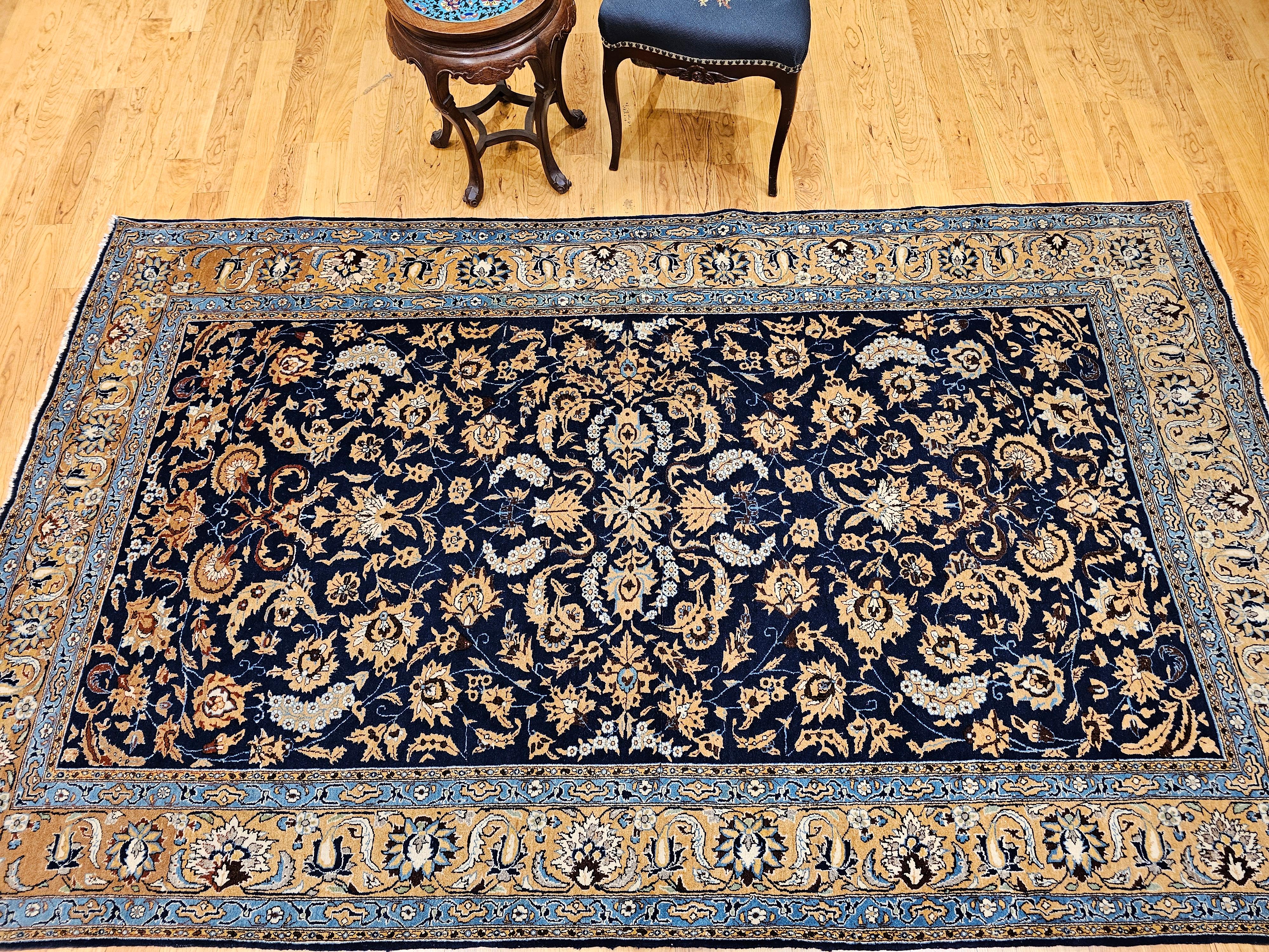 Vintage Persian Tabriz in an Allover Pattern in Navy Blue, Tan, Brown, Baby Blue For Sale 6
