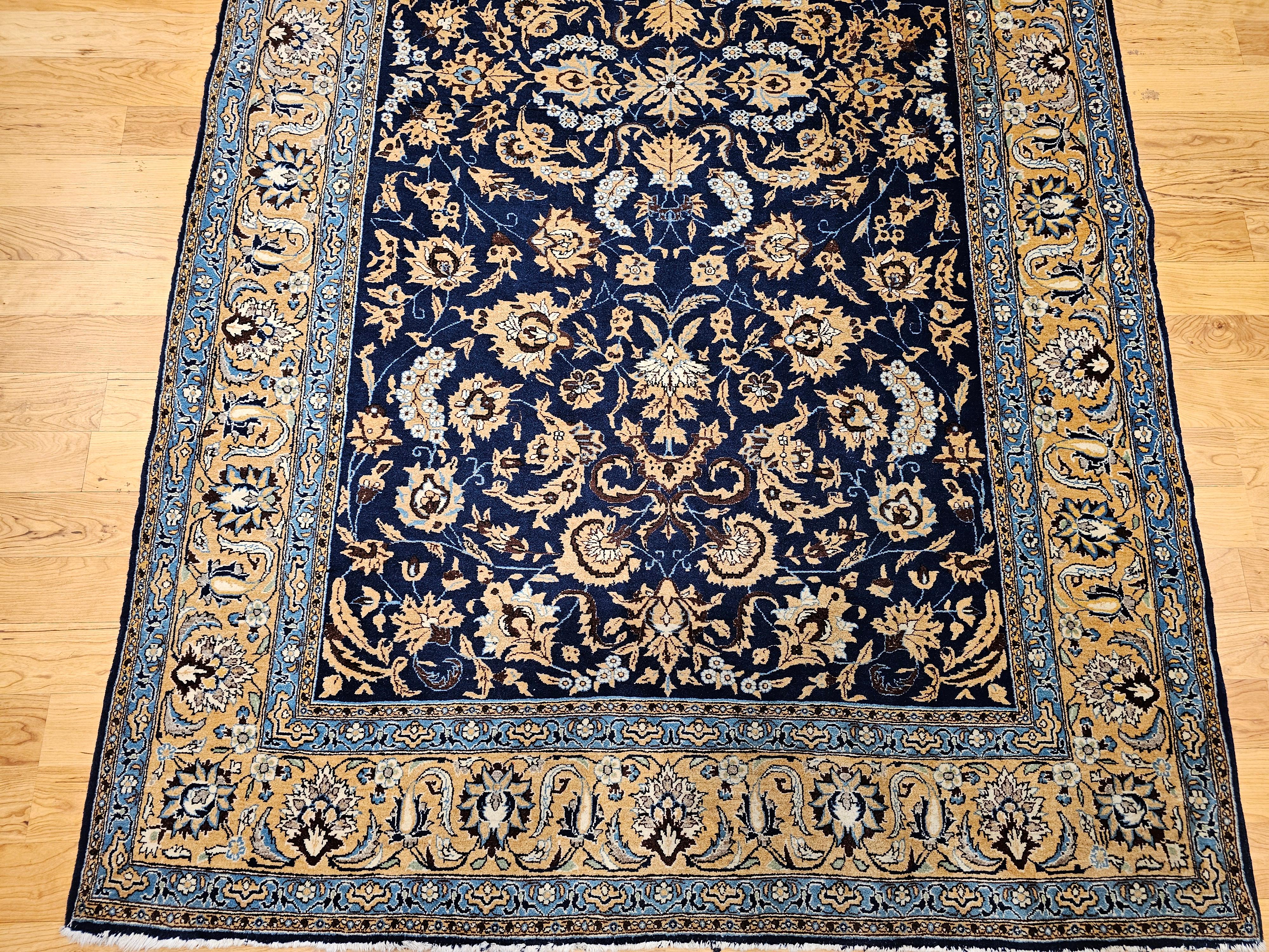 Vegetable Dyed Vintage Persian Tabriz in an Allover Pattern in Navy Blue, Tan, Brown, Baby Blue For Sale