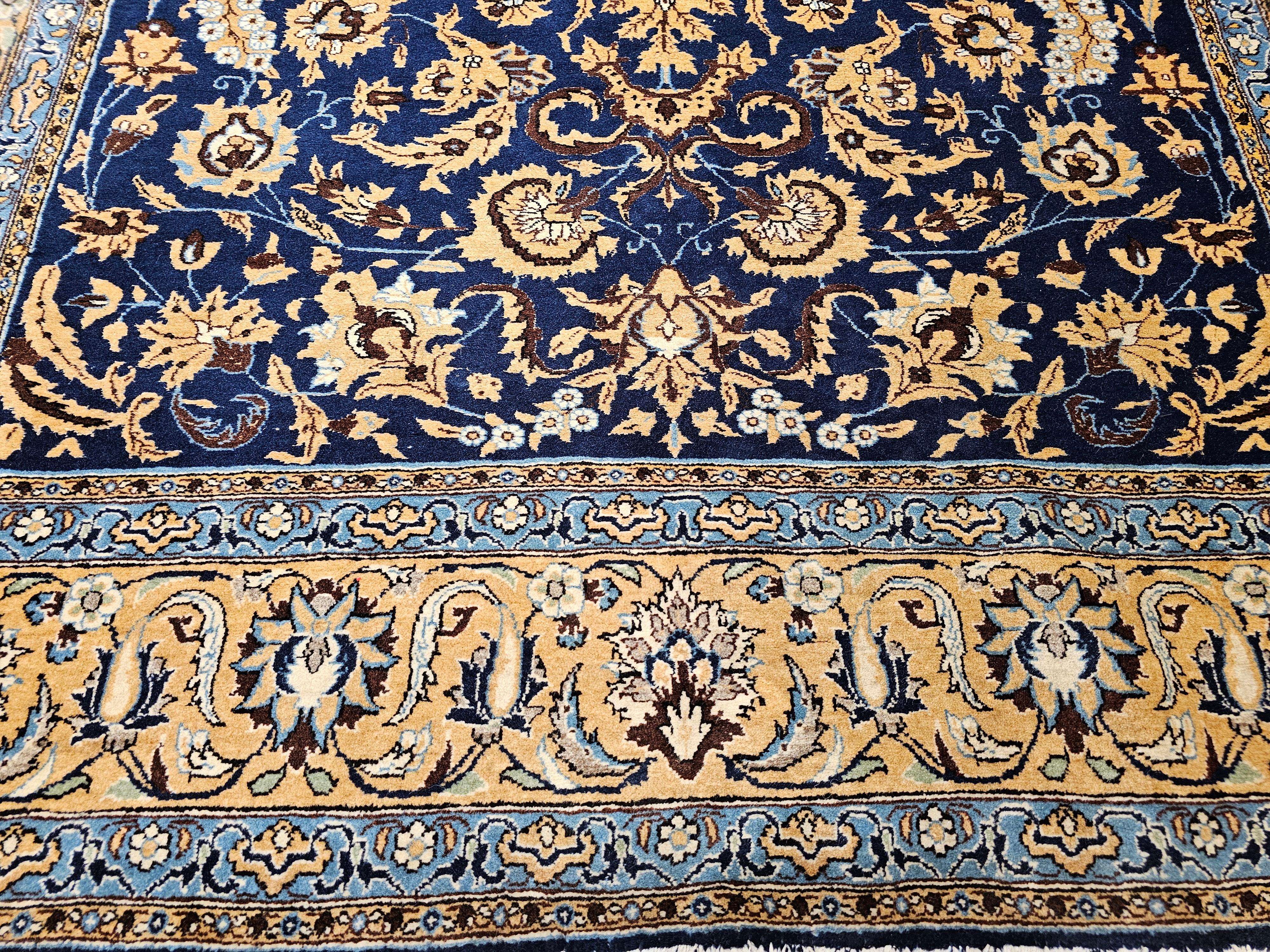 Wool Vintage Persian Tabriz in an Allover Pattern in Navy Blue, Tan, Brown, Baby Blue For Sale
