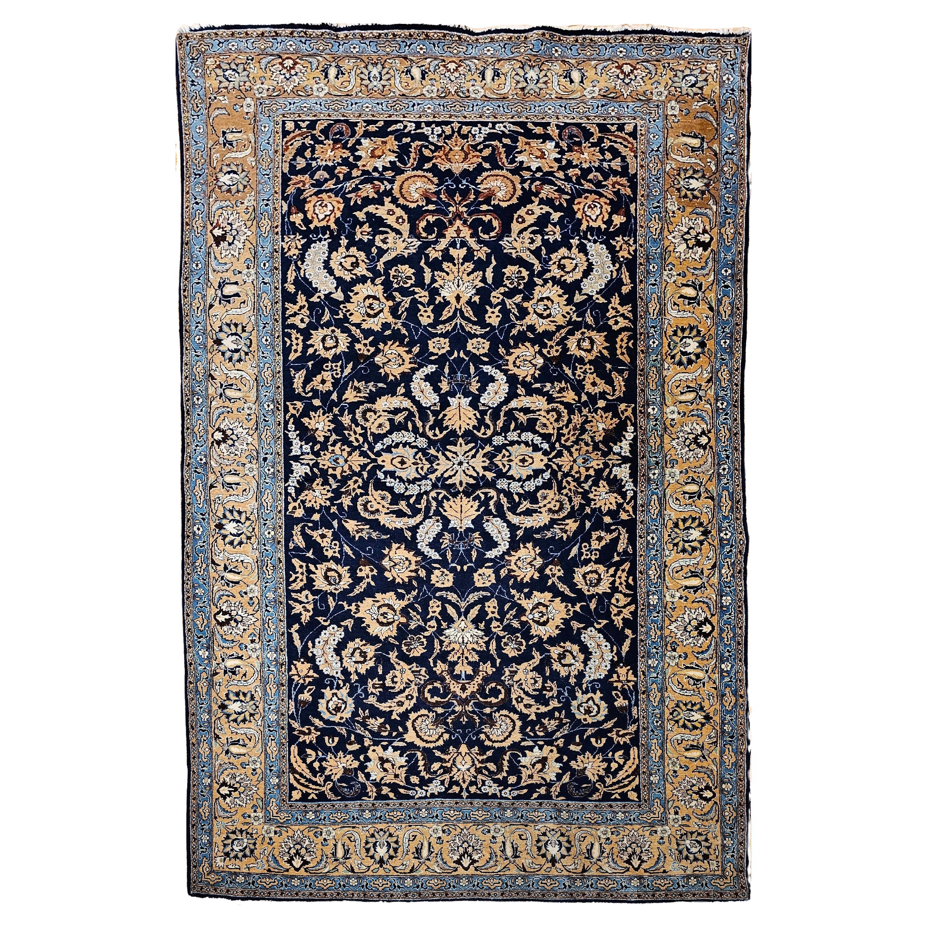 Vintage Persian Tabriz in an Allover Pattern in Navy Blue, Tan, Brown, Baby Blue