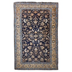 Retro Persian Tabriz in an Allover Pattern in Navy Blue, Tan, Brown, Baby Blue