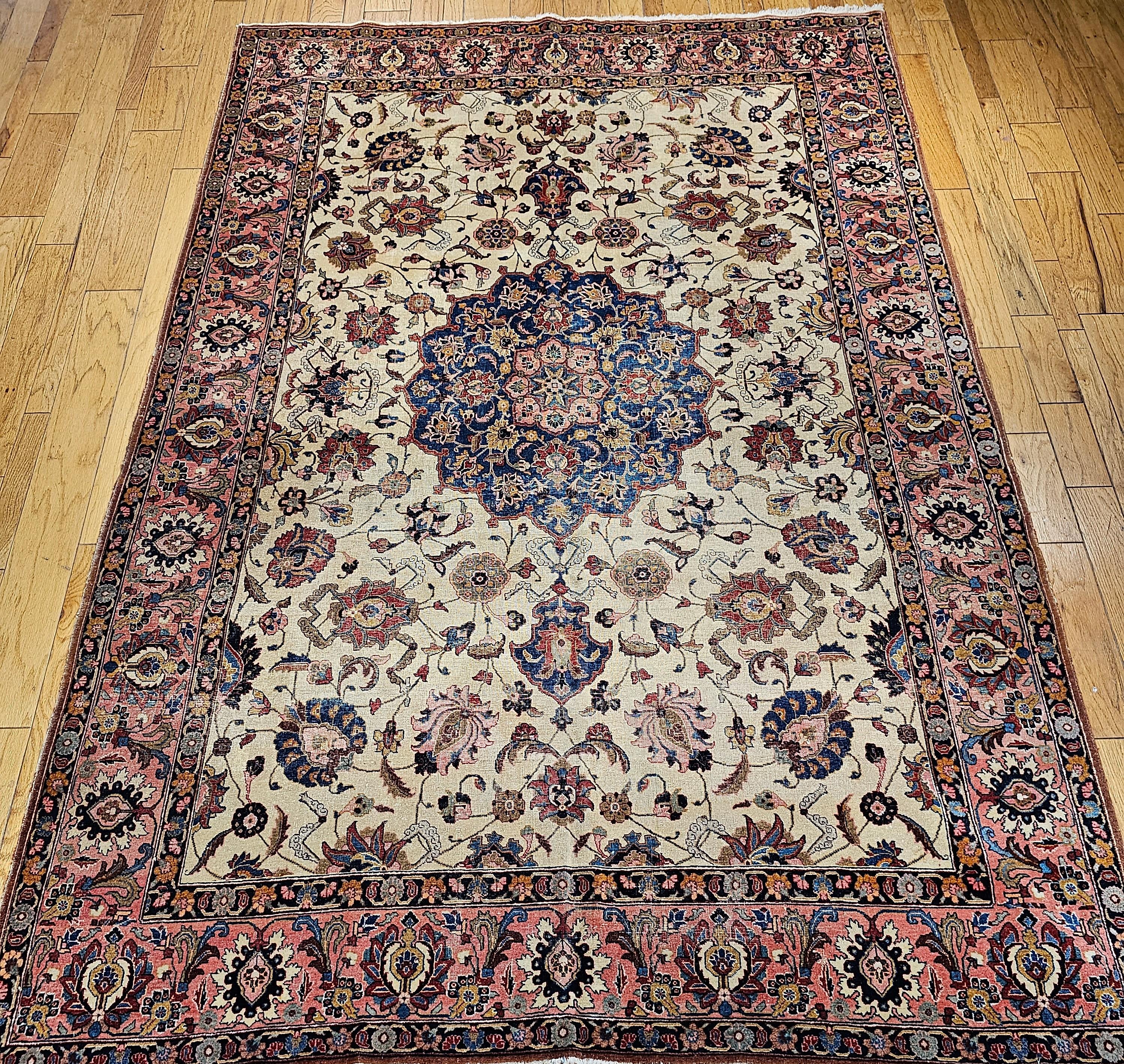Vintage Persian Tabriz in Floral Pattern in Ivory, Salmon, French Blue, Red For Sale 6