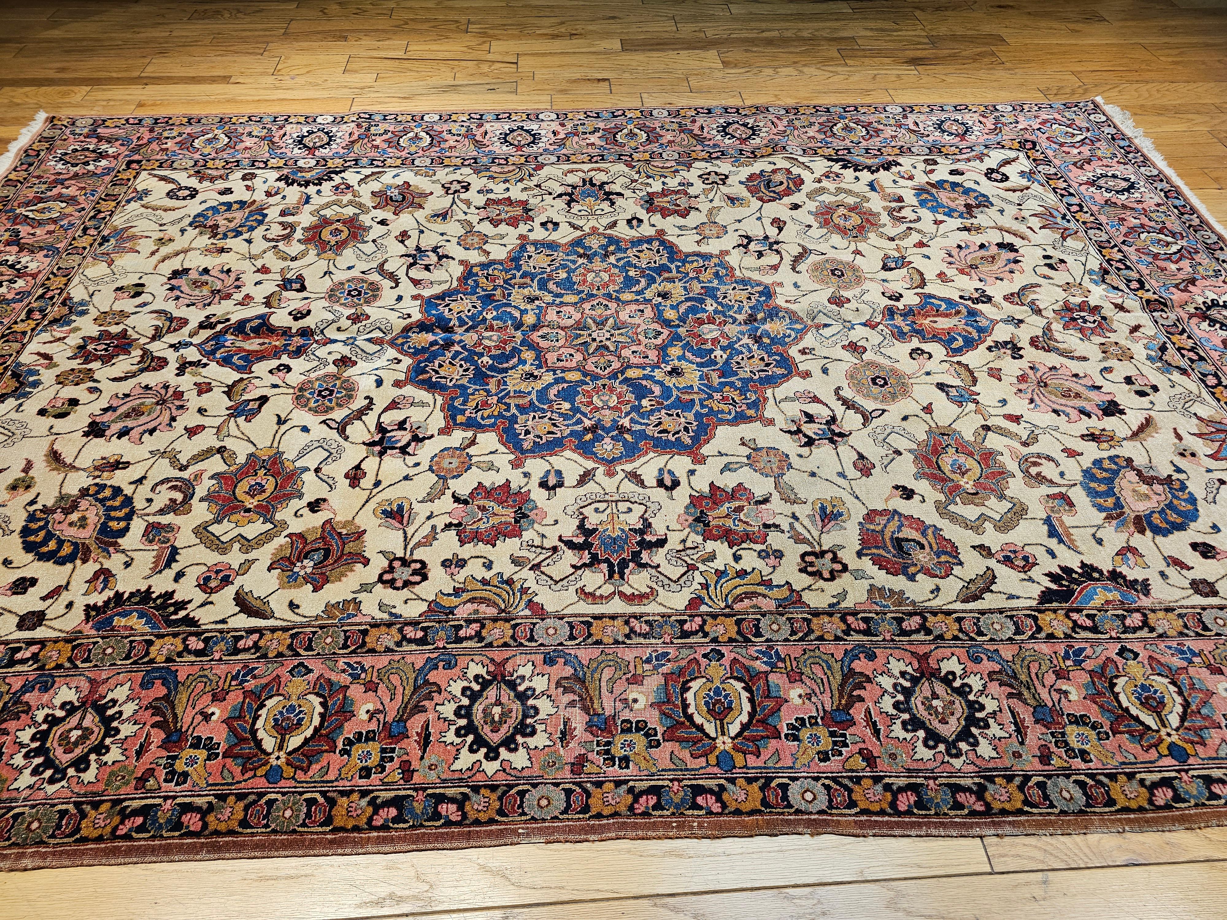 Vintage Persian Tabriz in Floral Pattern in Ivory, Salmon, French Blue, Red For Sale 7