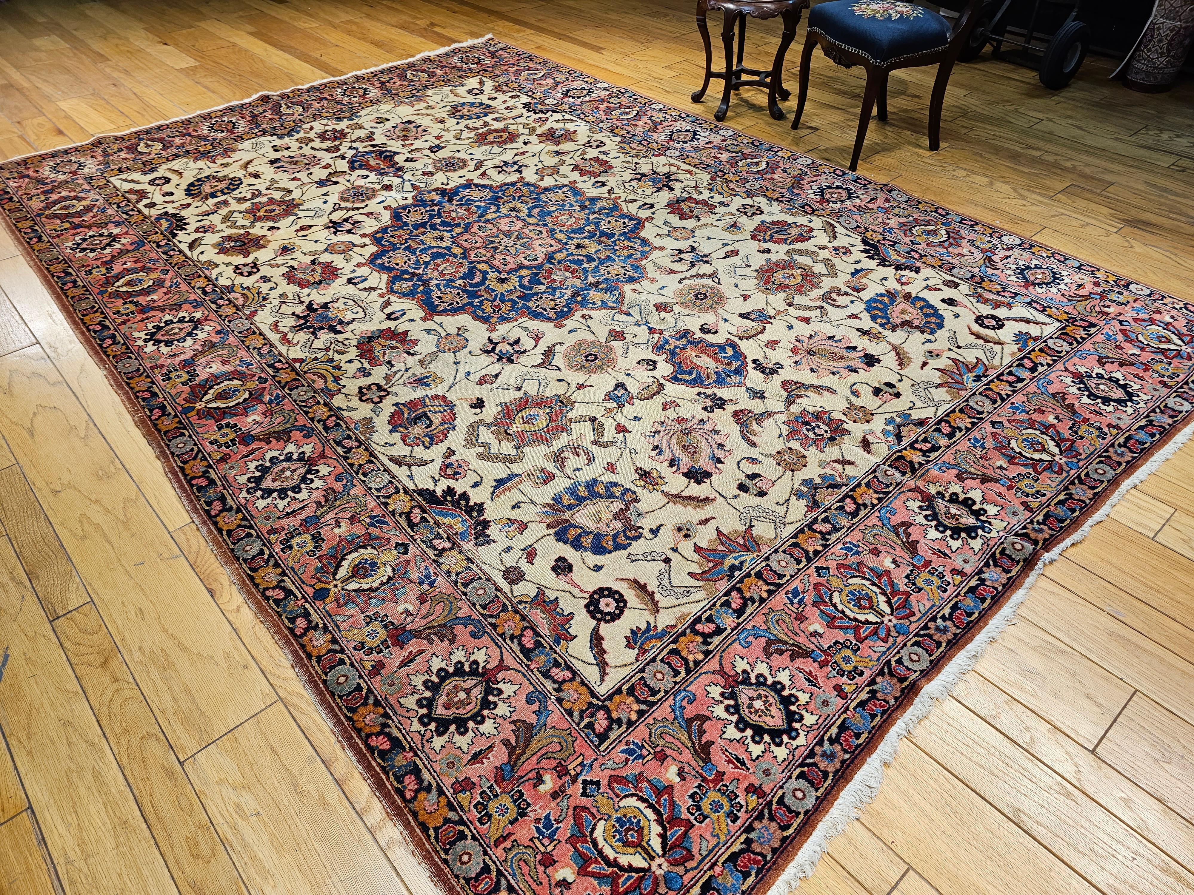 Vintage Persian Tabriz in Floral Pattern in Ivory, Salmon, French Blue, Red For Sale 8