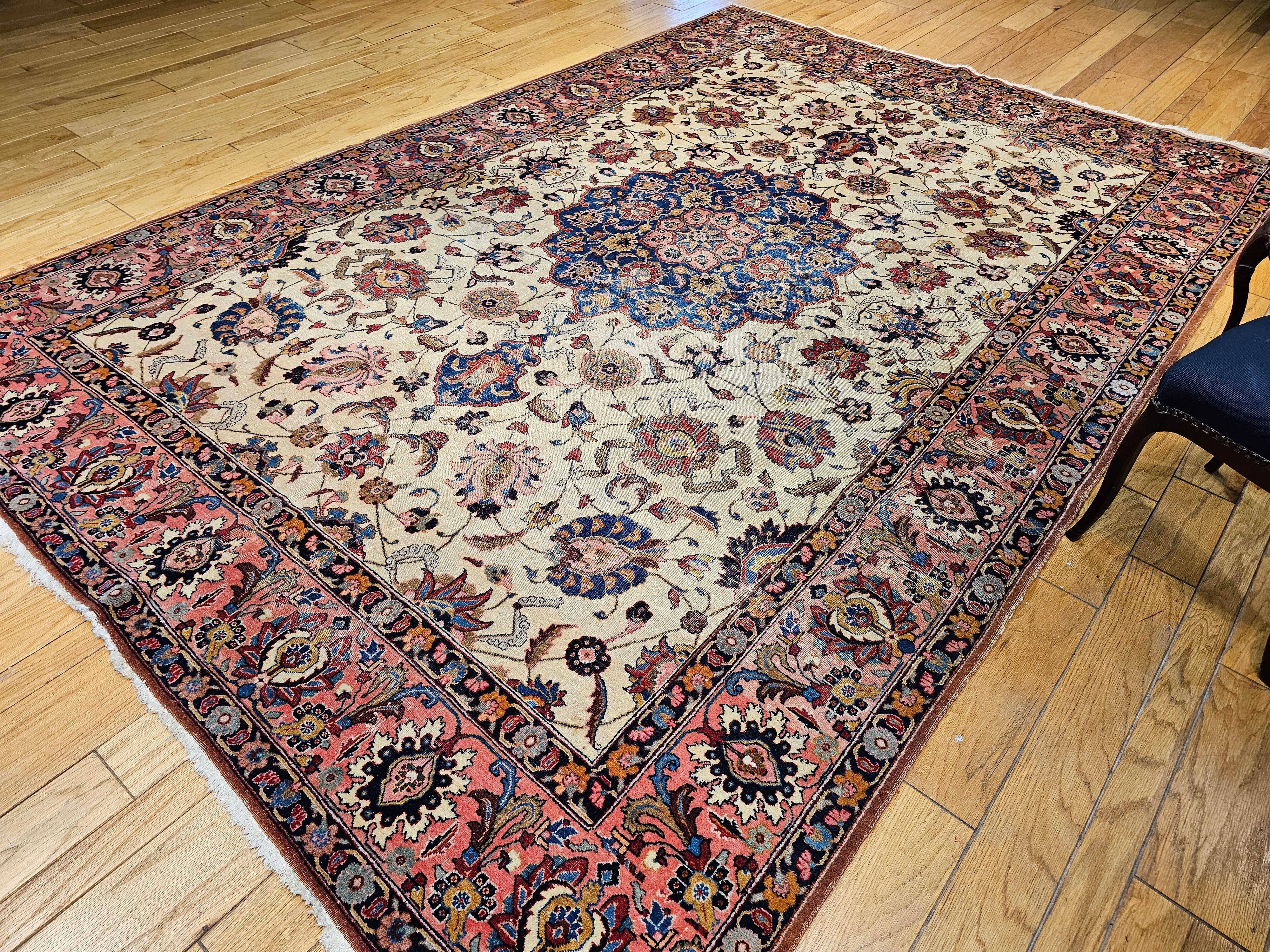 Vintage Persian Tabriz in Floral Pattern in Ivory, Salmon, French Blue, Red For Sale 9
