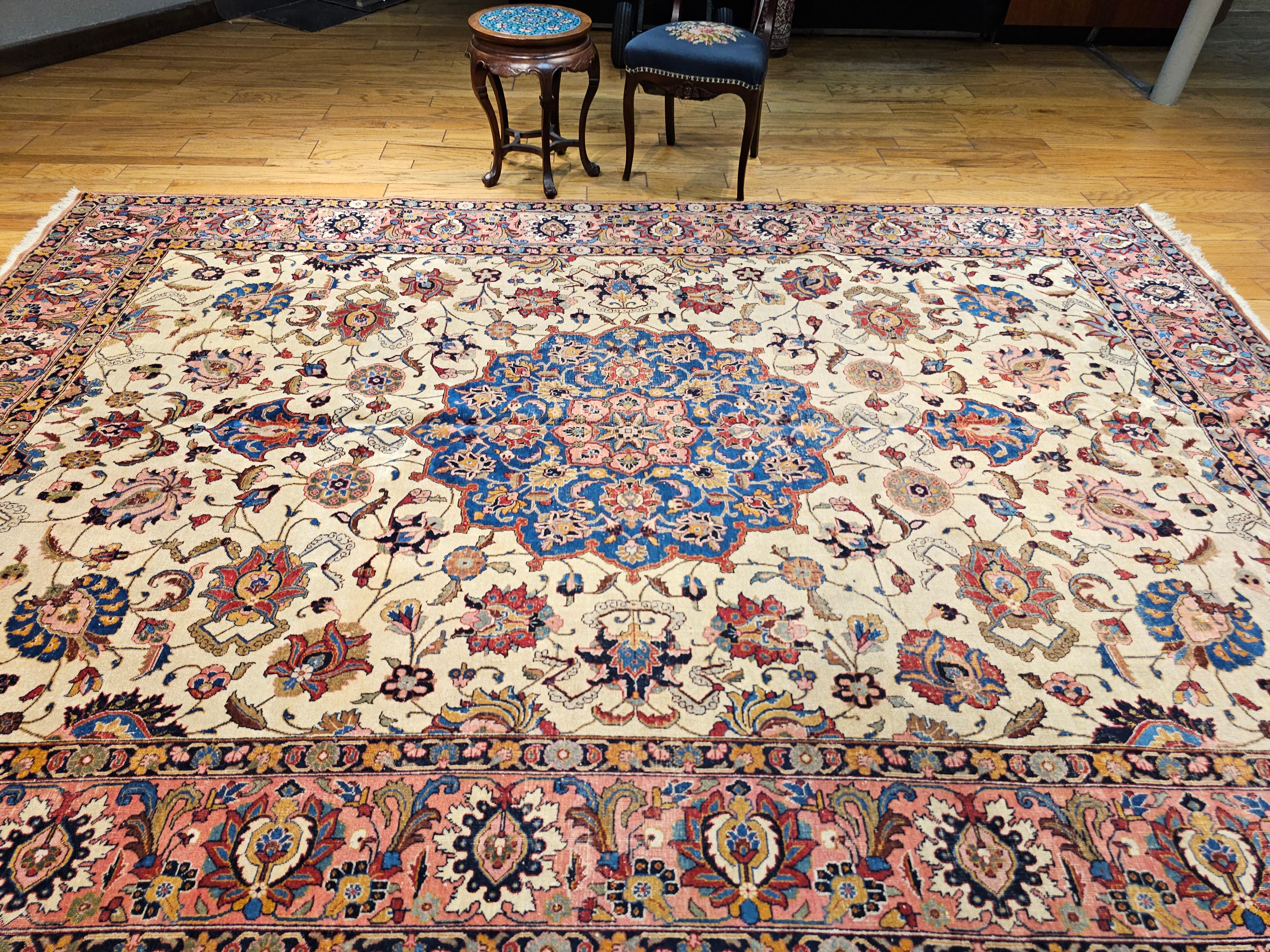 Vintage Persian Tabriz in Floral Pattern in Ivory, Salmon, French Blue, Red For Sale 10