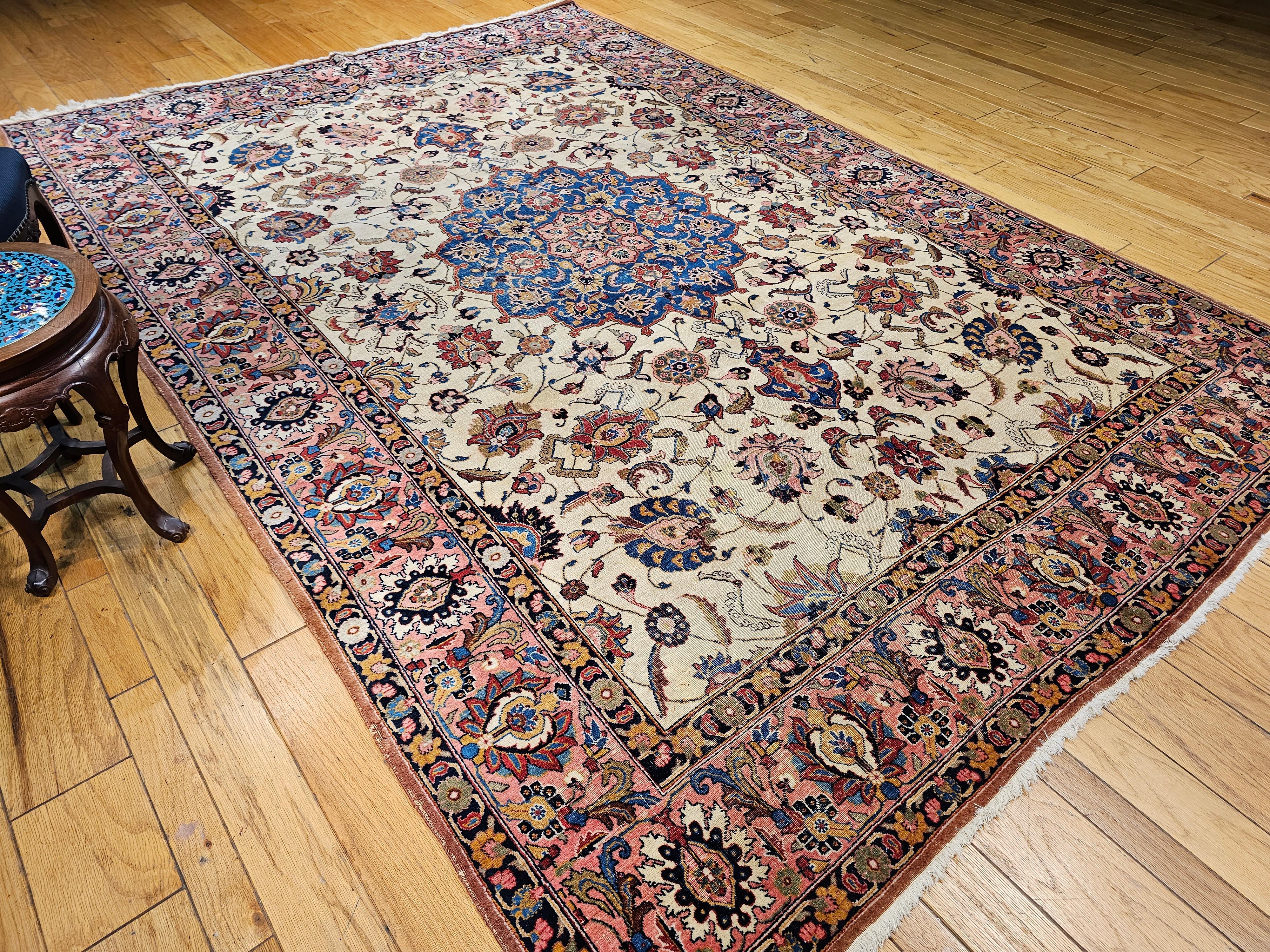 Vintage Persian Tabriz in Floral Pattern in Ivory, Salmon, French Blue, Red For Sale 11