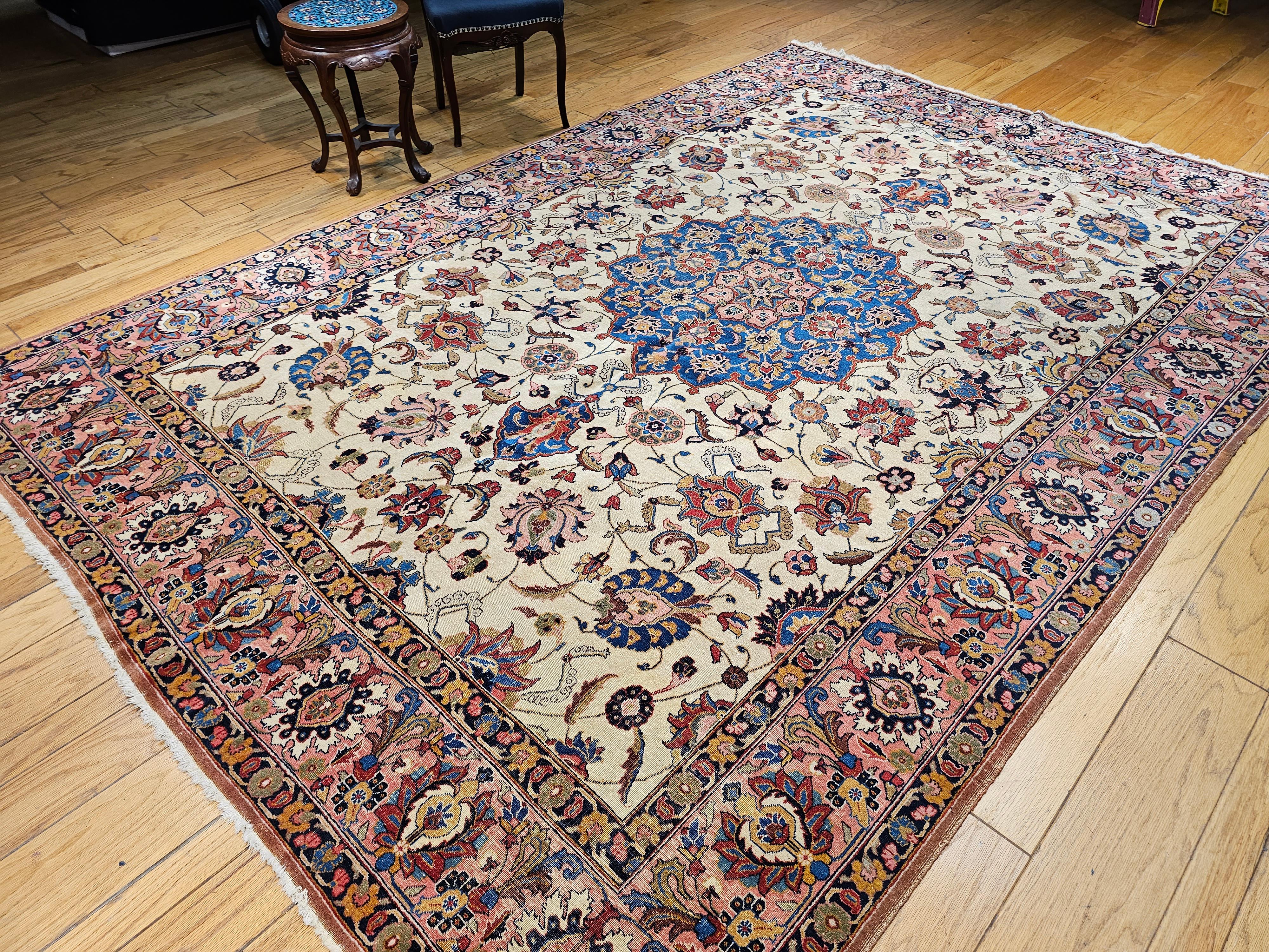 Vintage Persian Tabriz in Floral Pattern in Ivory, Salmon, French Blue, Red For Sale 12