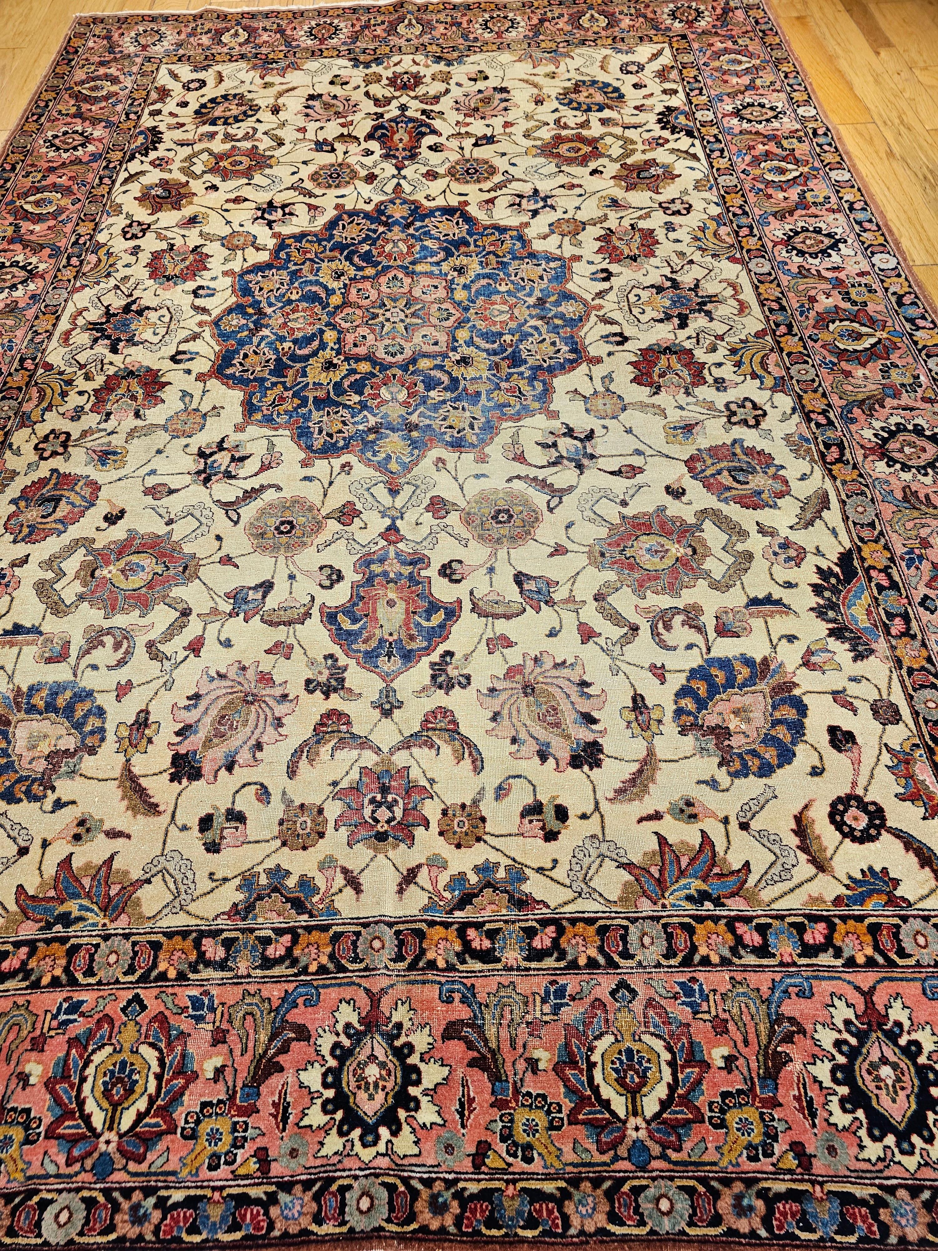 Vintage Persian Tabriz in Floral Pattern in Ivory, Salmon, French Blue, Red For Sale 13
