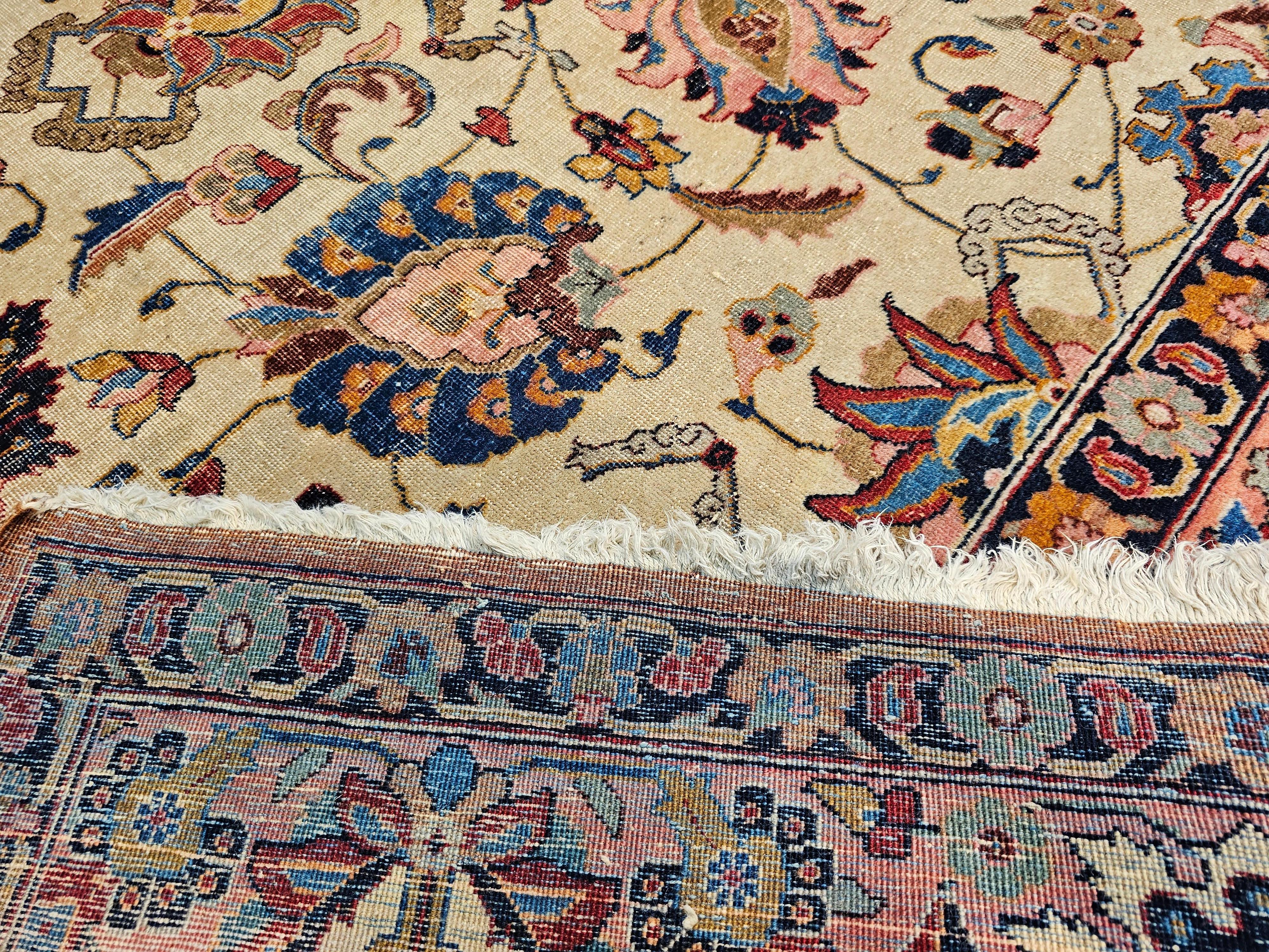 Vintage Persian Tabriz in Floral Pattern in Ivory, Salmon, French Blue, Red For Sale 14