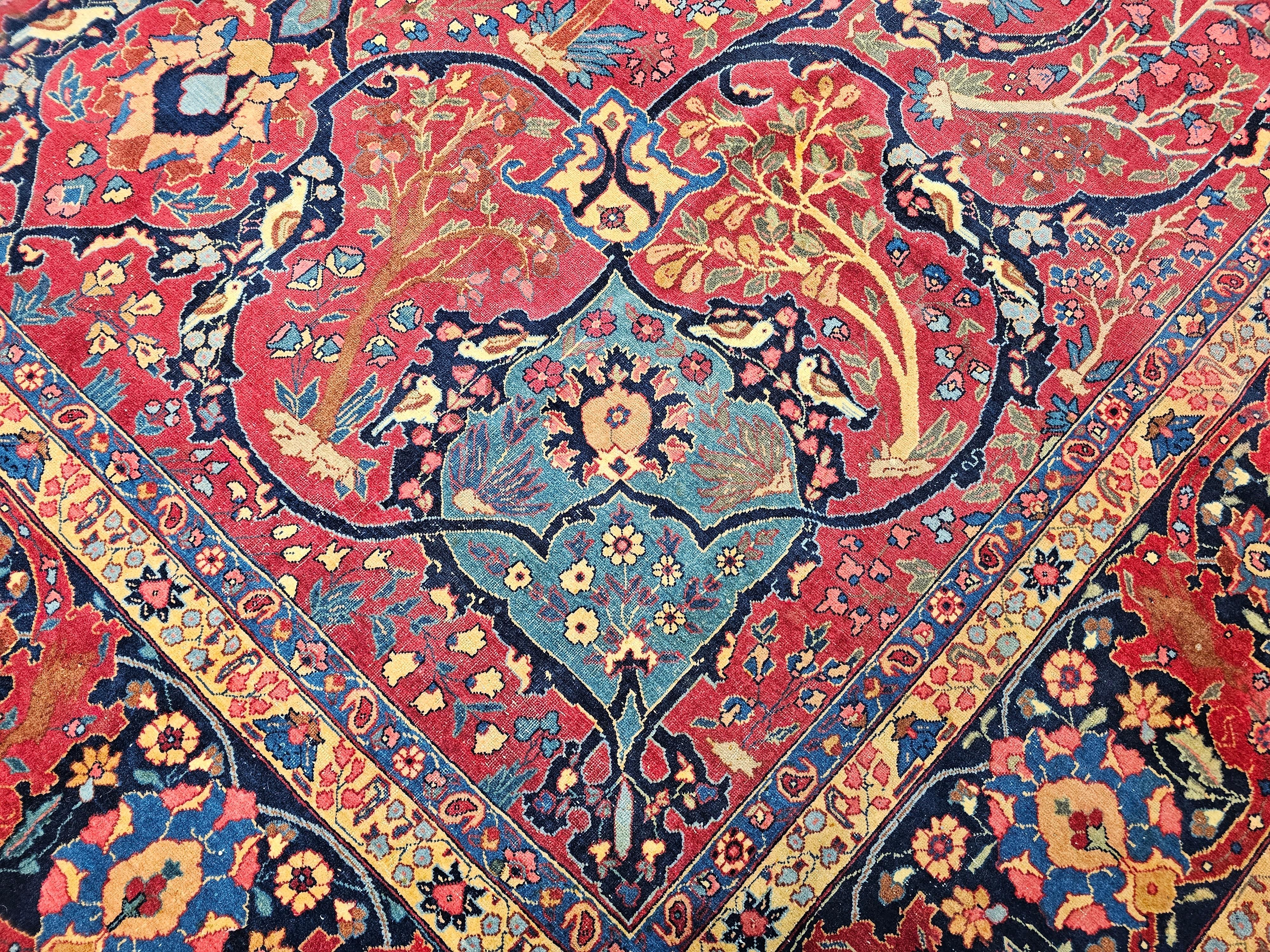 Vintage Persian Tabriz in Garden Pattern in Crimson, Turquoise, Red, Blue, Green For Sale 4