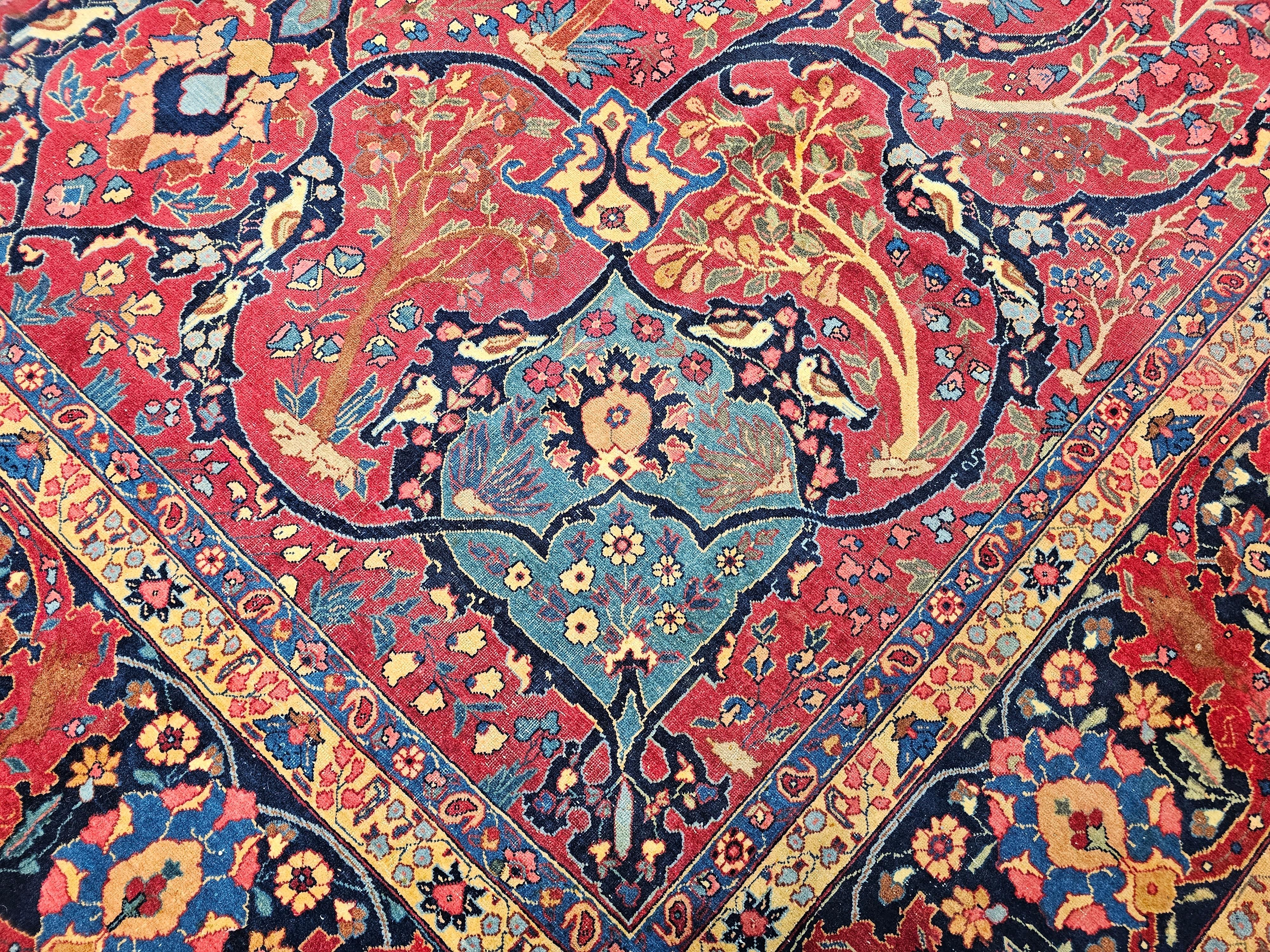 Vintage Persian Tabriz in Garden Pattern in Crimson, Turquoise, Red, Blue, Green For Sale 1