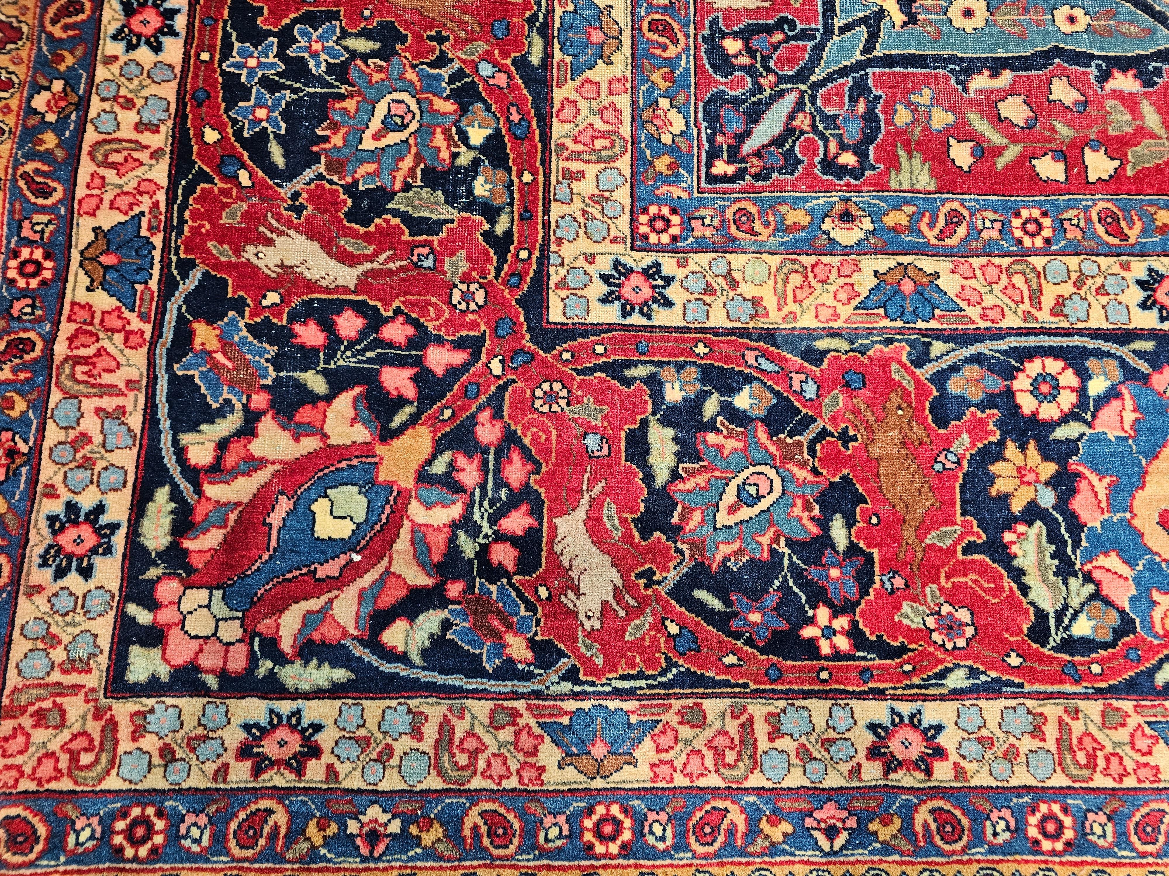 Vintage Persian Tabriz in Garden Pattern in Crimson, Turquoise, Red, Blue, Green For Sale 6