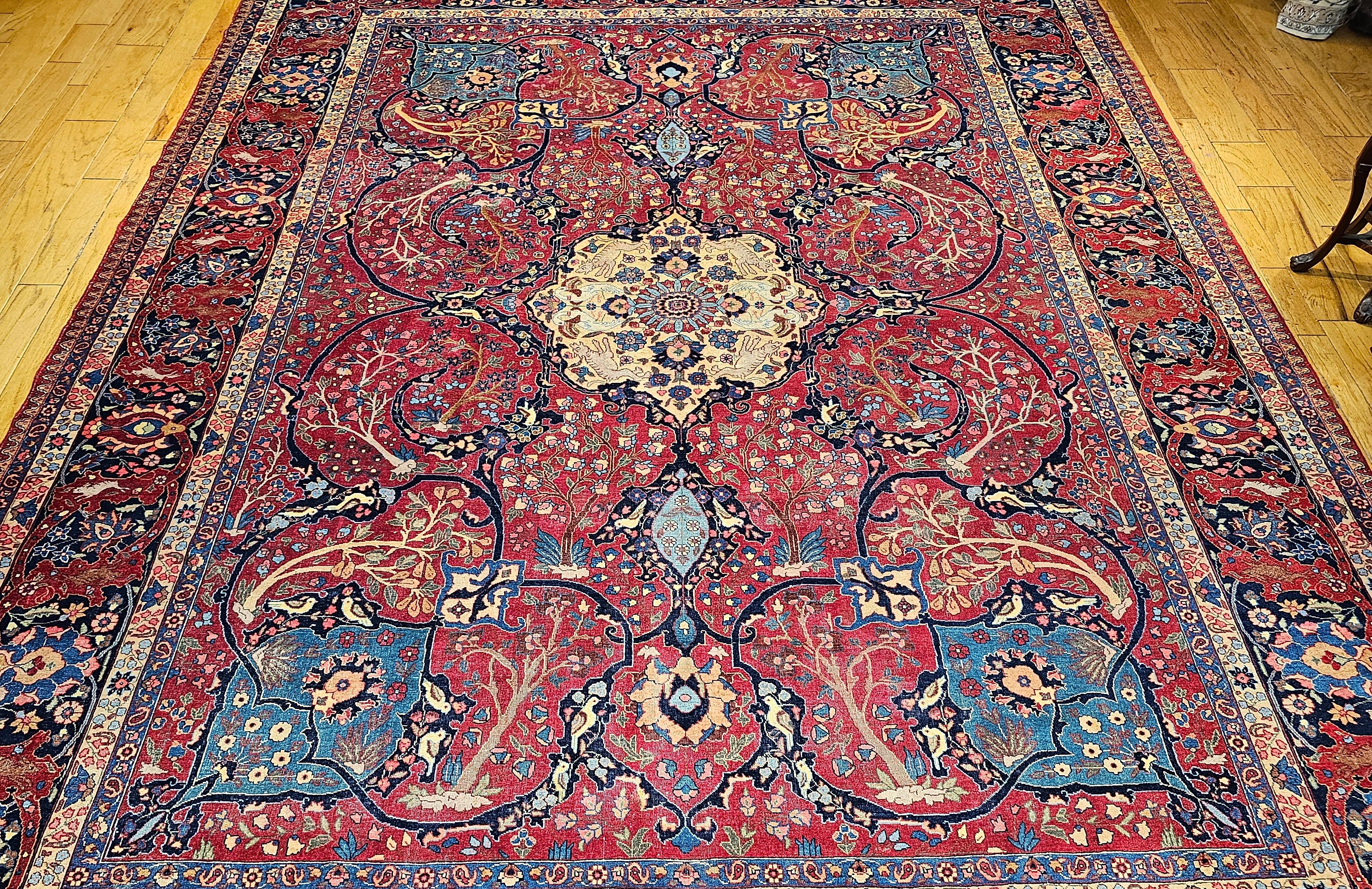 Vintage Persian Tabriz in Garden Pattern in Crimson, Turquoise, Red, Blue, Green For Sale 7