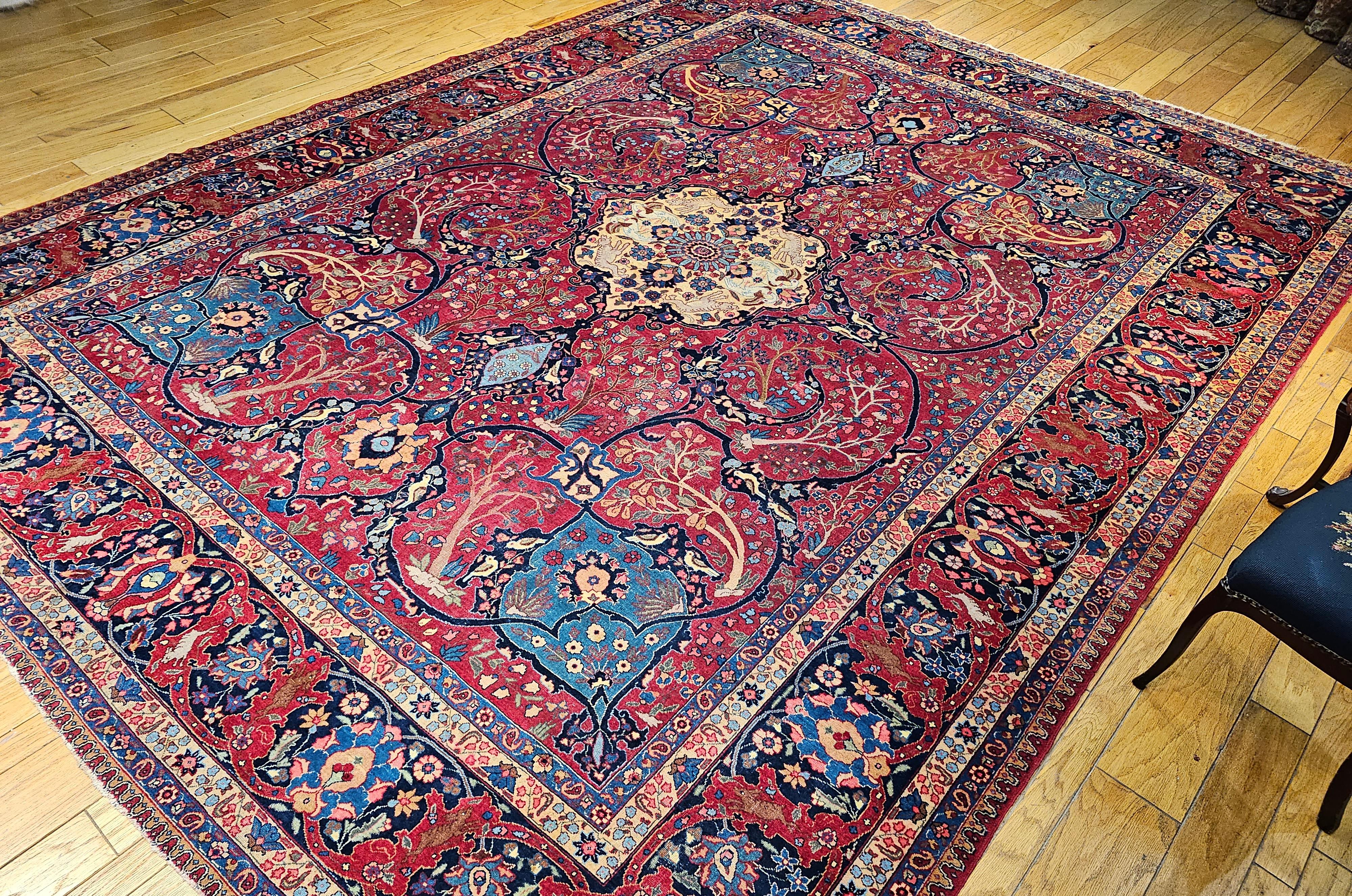 Vintage Persian Tabriz in Garden Pattern in Crimson, Turquoise, Red, Blue, Green For Sale 9
