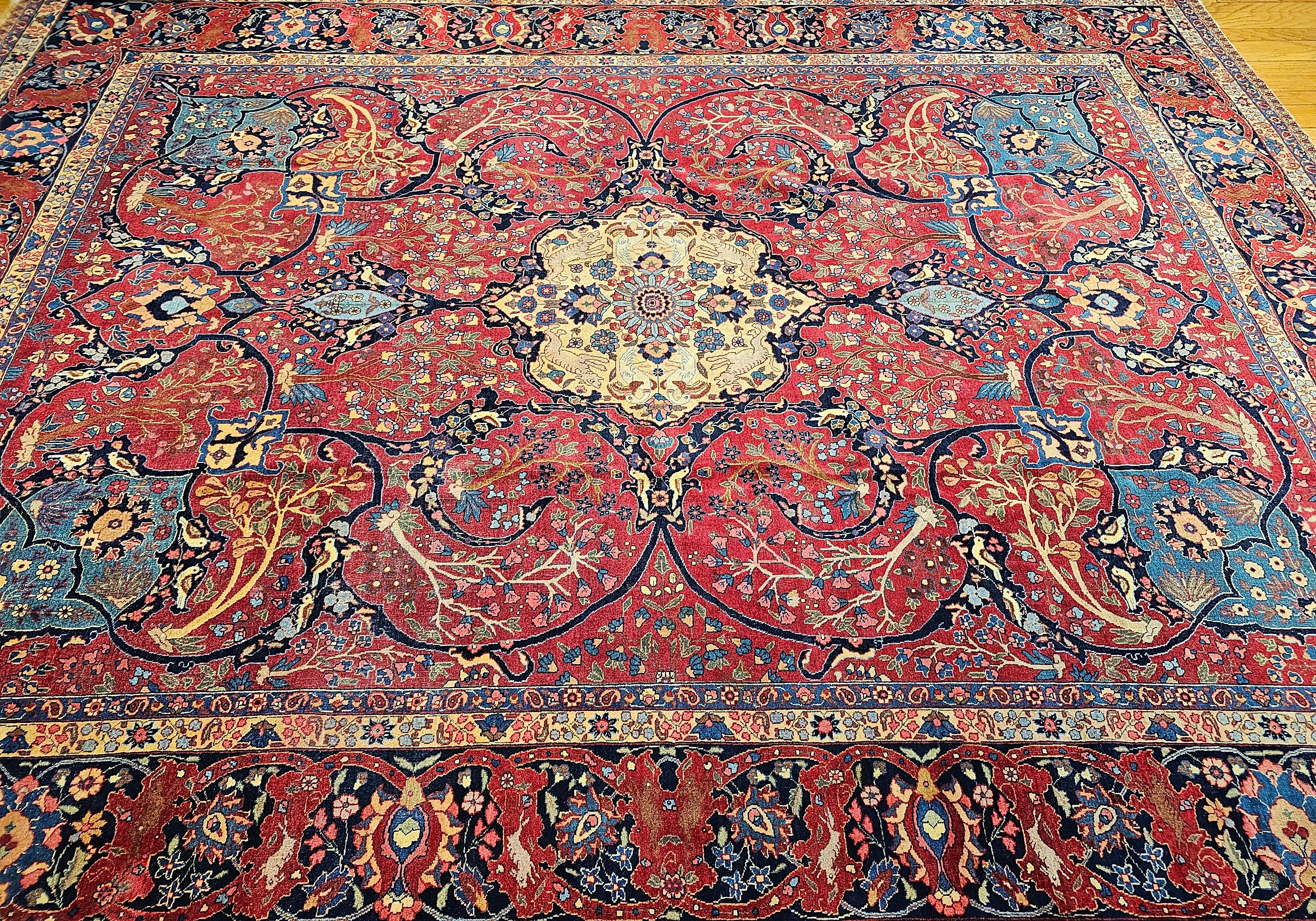 Vintage Persian Tabriz in Garden Pattern in Crimson, Turquoise, Red, Blue, Green For Sale 10
