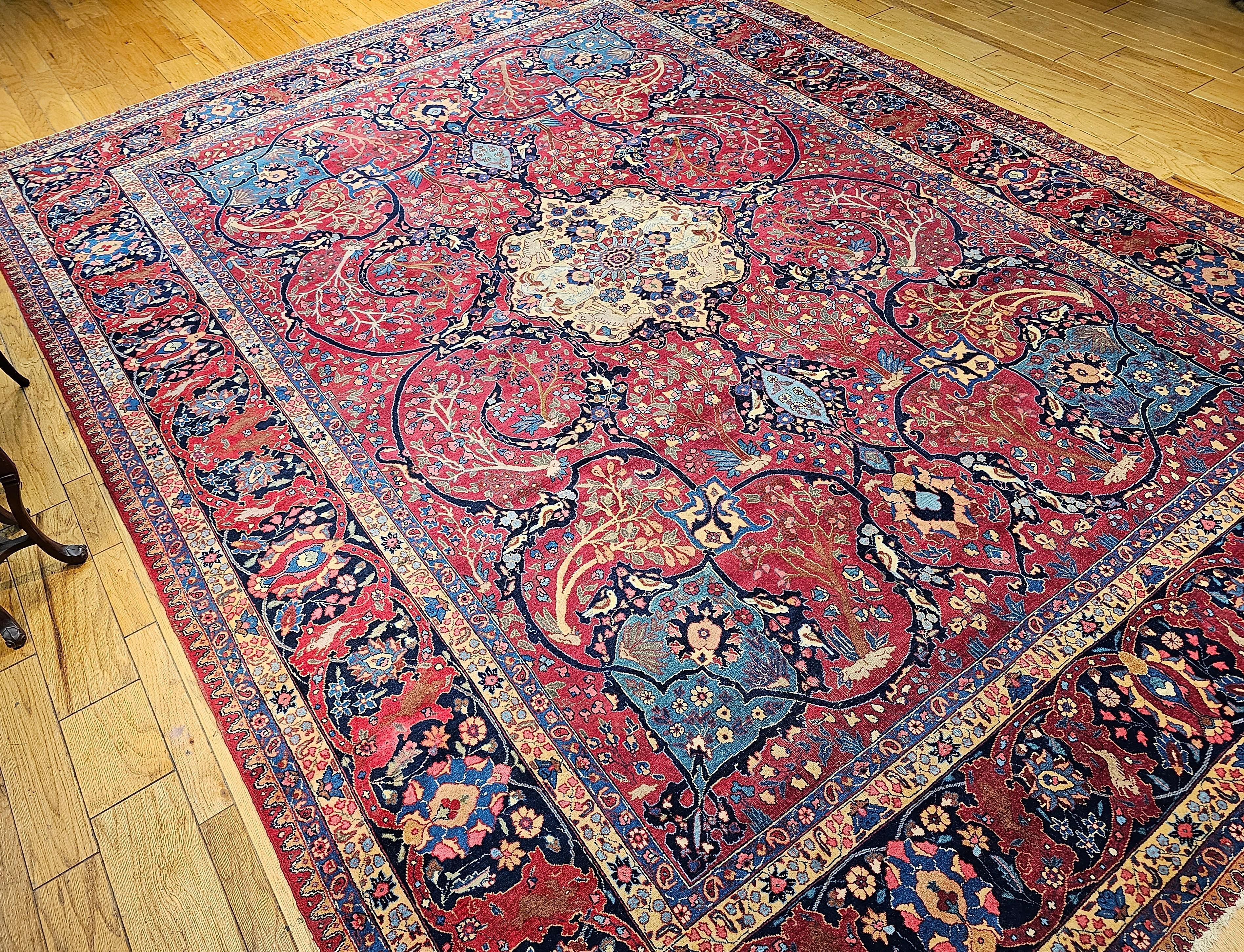 Vintage Persian Tabriz in Garden Pattern in Crimson, Turquoise, Red, Blue, Green For Sale 11