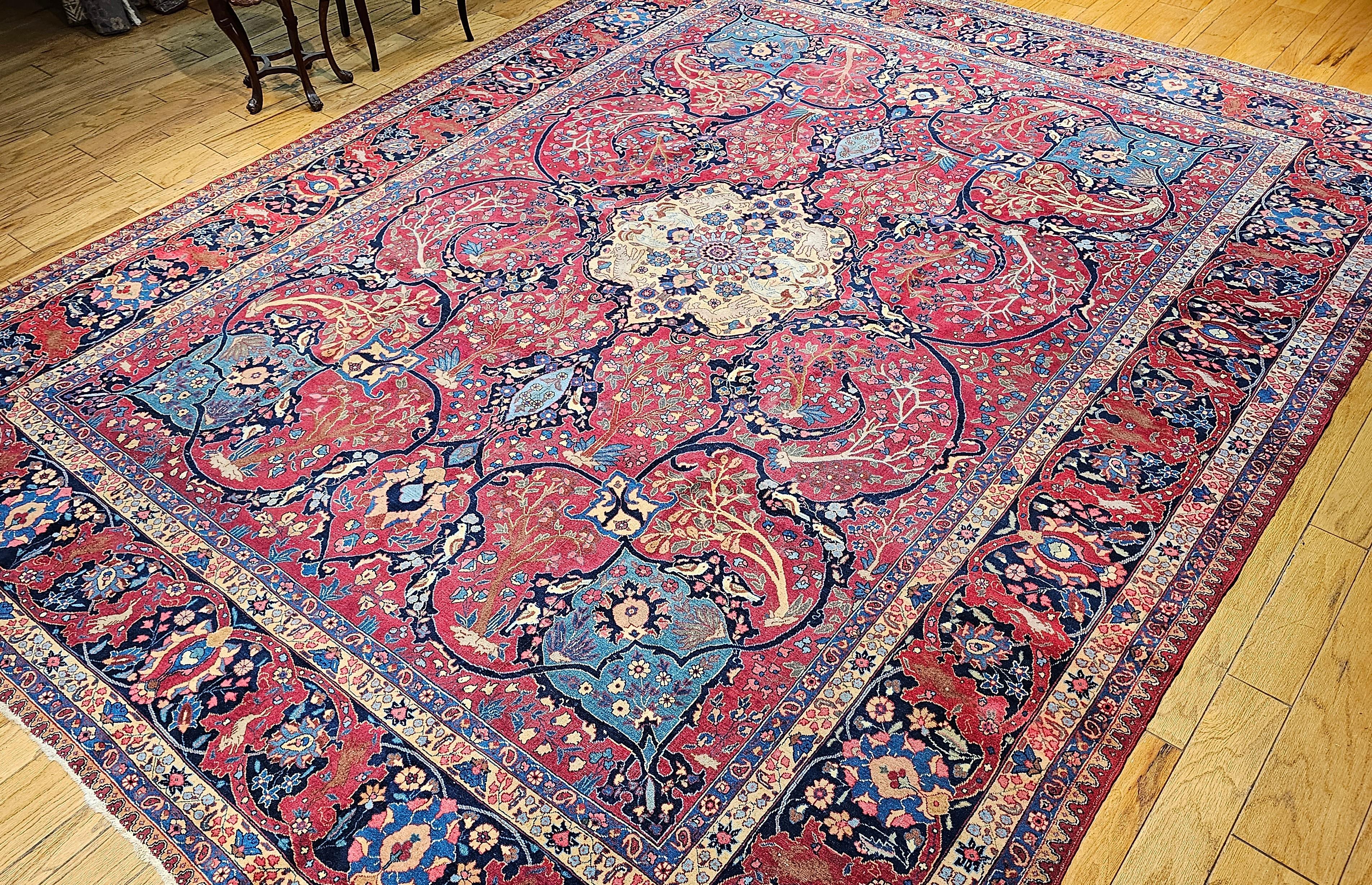 Vintage Persian Tabriz in Garden Pattern in Crimson, Turquoise, Red, Blue, Green For Sale 12