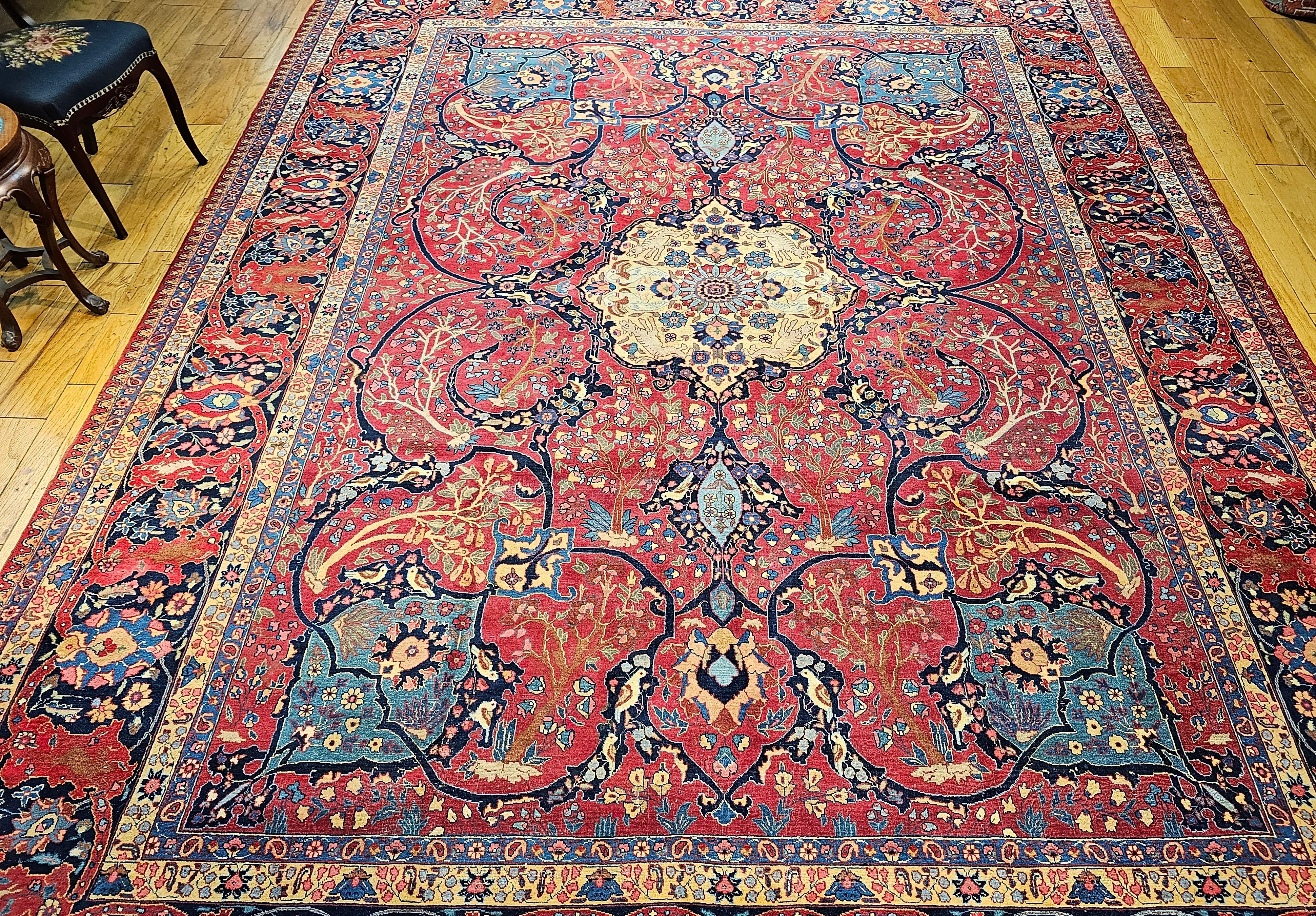 Vintage Persian Tabriz in Garden Pattern in Crimson, Turquoise, Red, Blue, Green For Sale 13