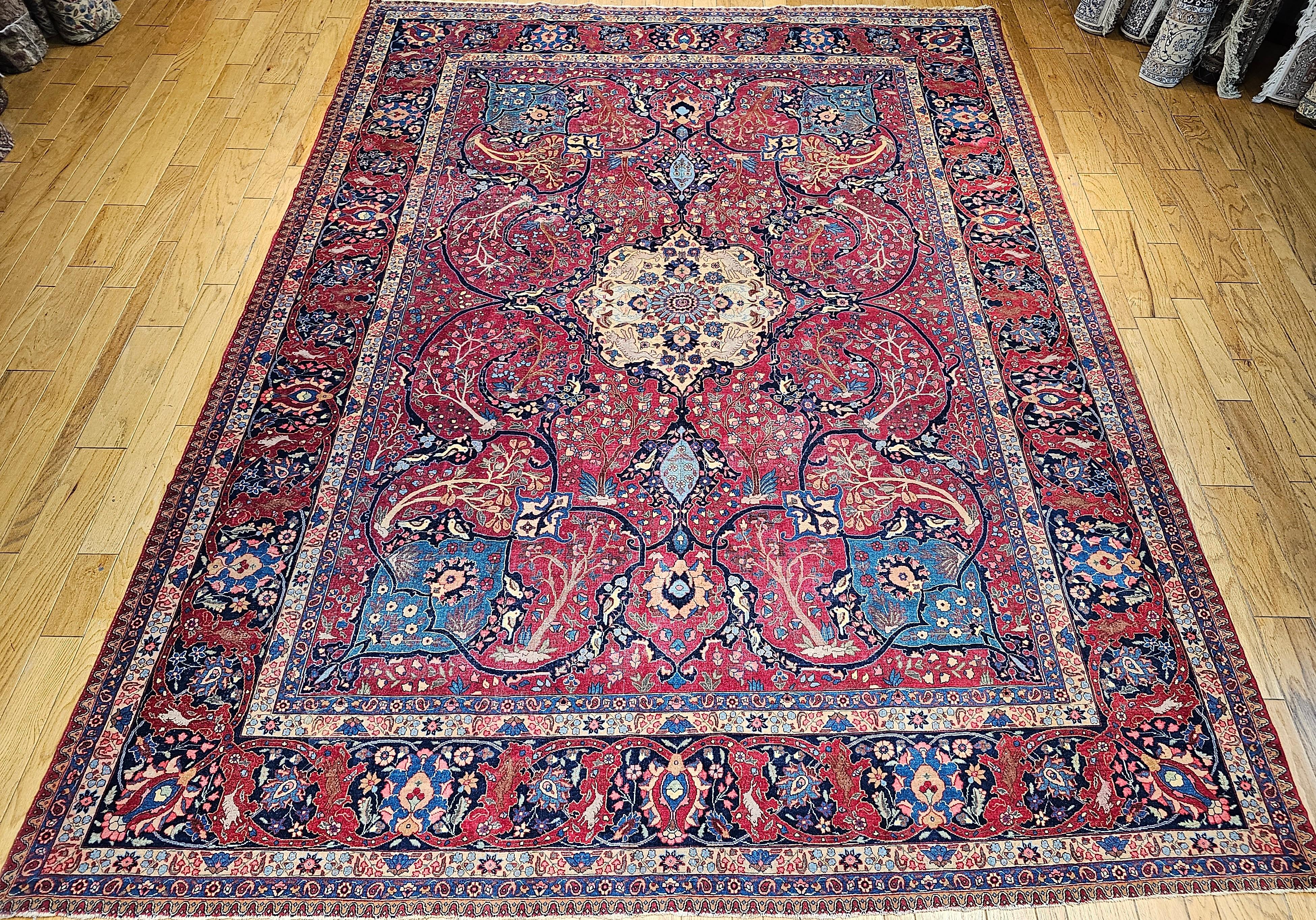 Vintage Persian Tabriz in Garden Pattern in Crimson, Turquoise, Red, Blue, Green For Sale 14